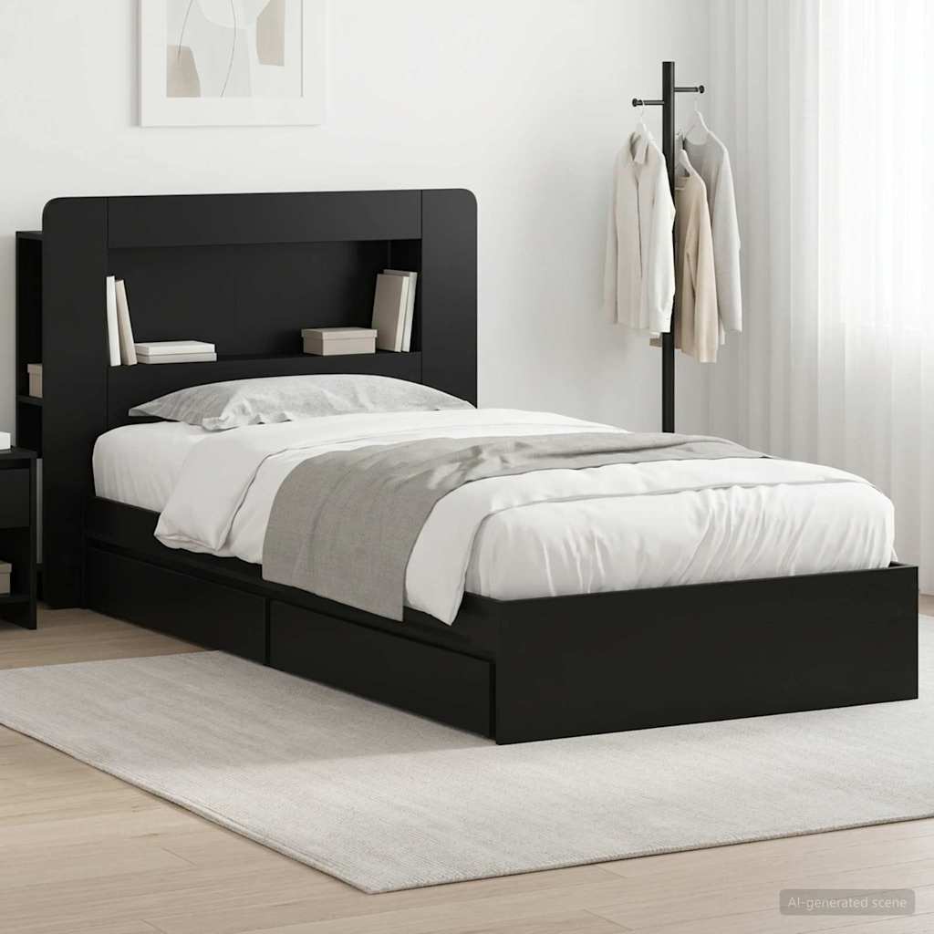 Bedframe met opslag met lade Zwart 100 x 200 cm Bewerkt hout – afbeelding 1