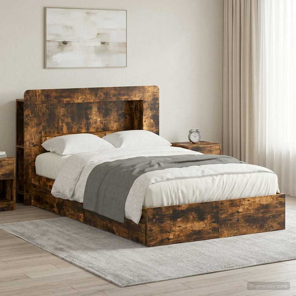 Bedframe met opslag Gerookt eiken 120 x 200 cm Bewerkt hout – afbeelding 1