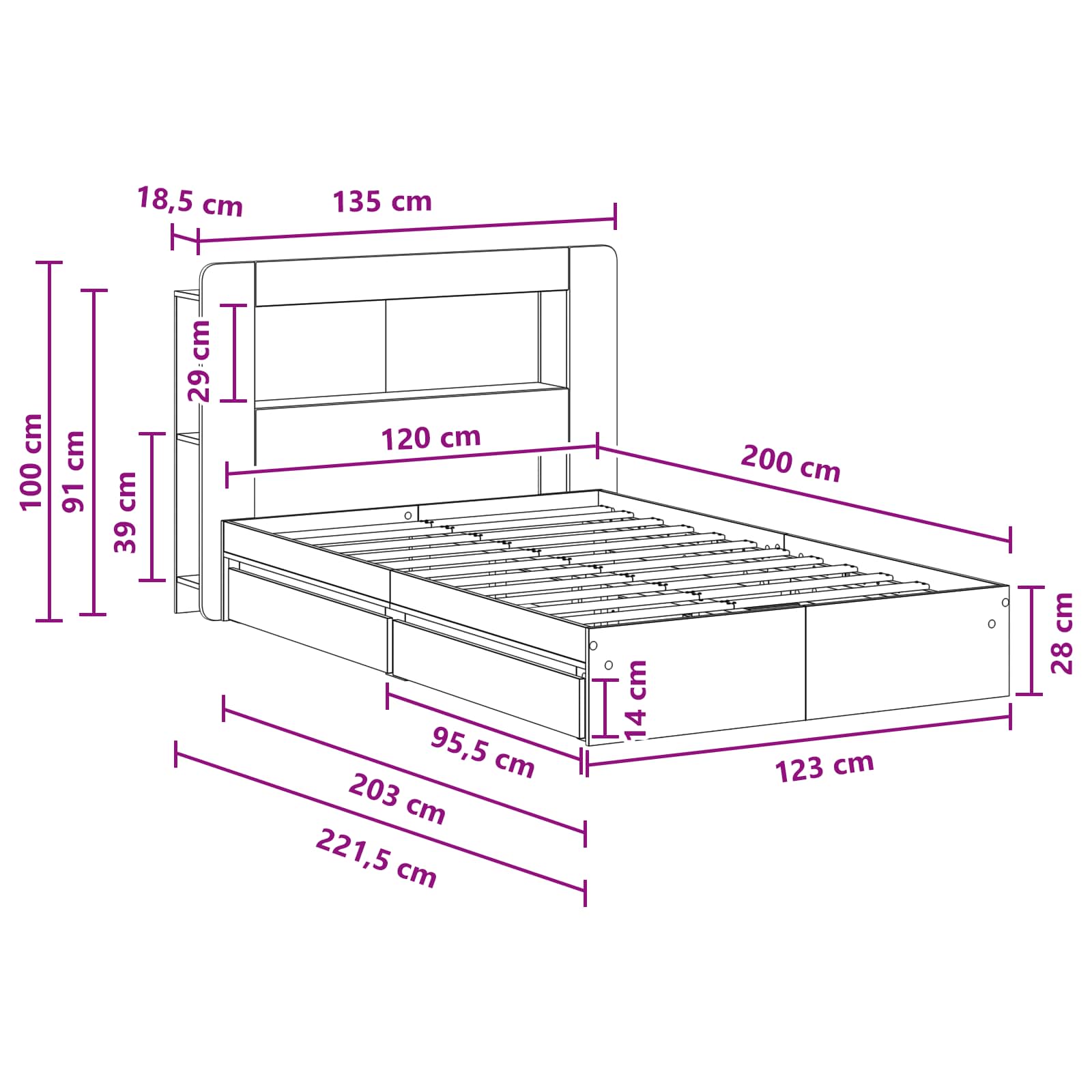 Bedframe met opslag Gerookt eiken 120 x 200 cm Bewerkt hout – afbeelding 10