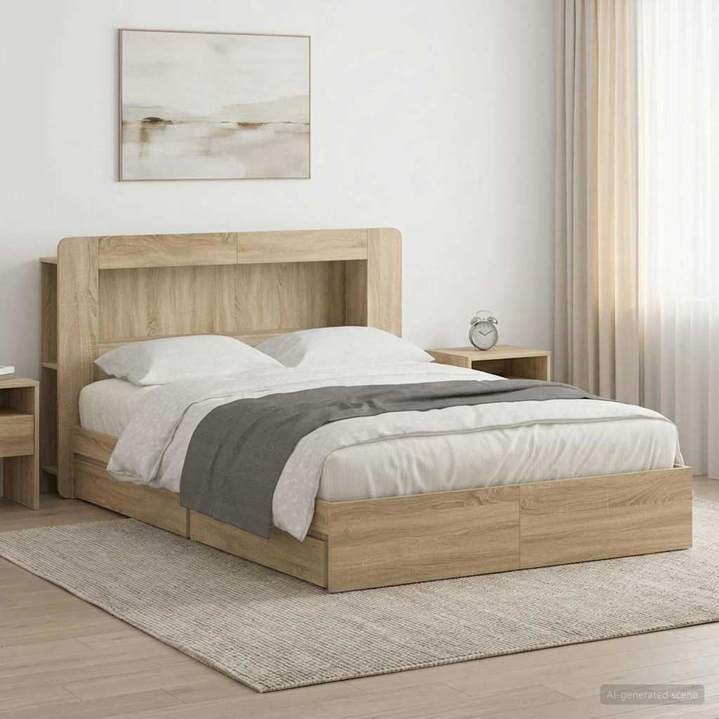 Bedframe met opslag Sonoma Eiken 140 x 200 cm Bewerkt hout – afbeelding 1