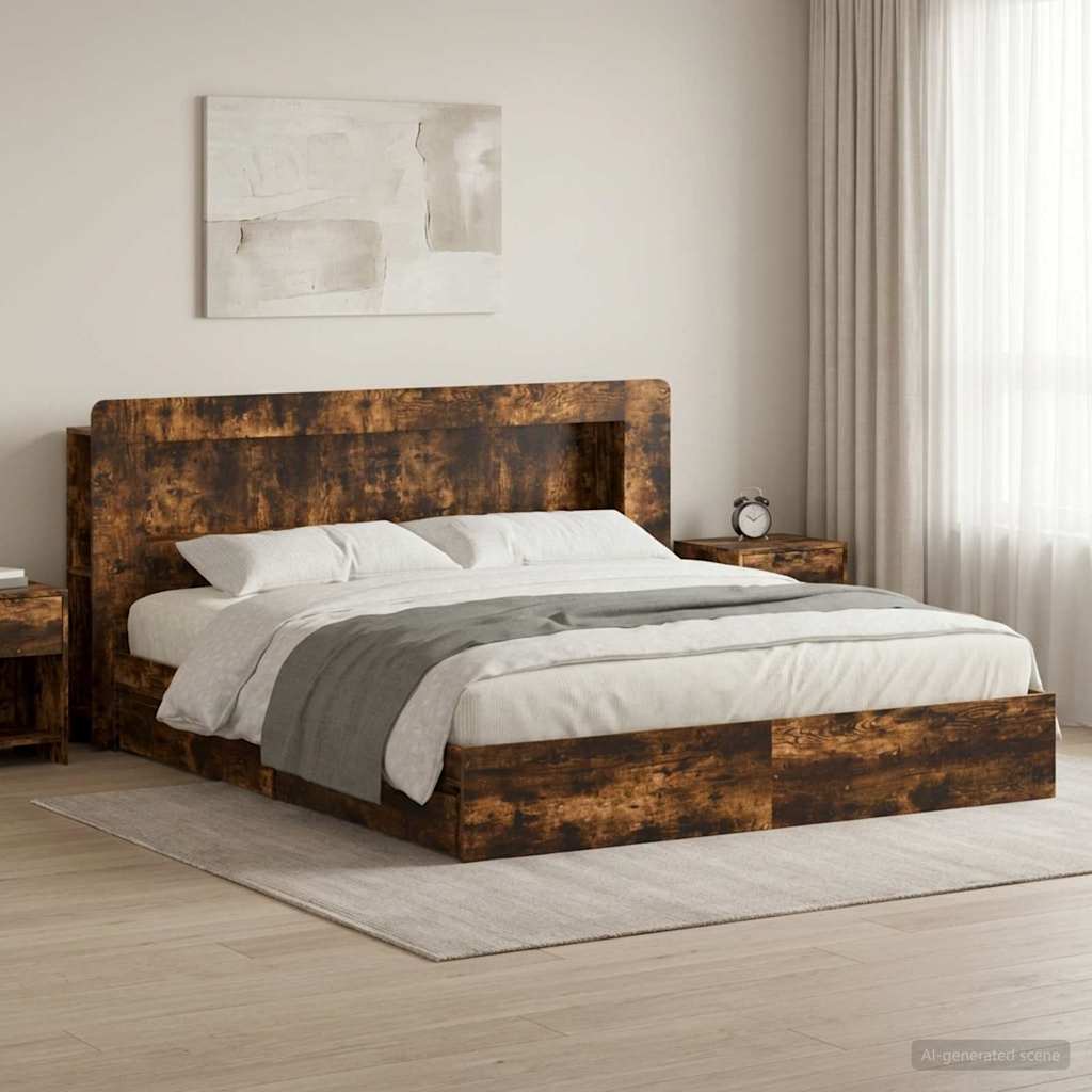 Bedframe met opslag Gerookt eiken 180 x 200 cm Bewerkt hout – afbeelding 1