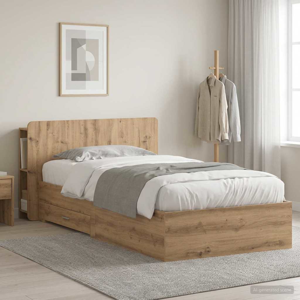 Bedframe met opslag Artisanaal eiken 90 x 190 cm Bewerkt hout