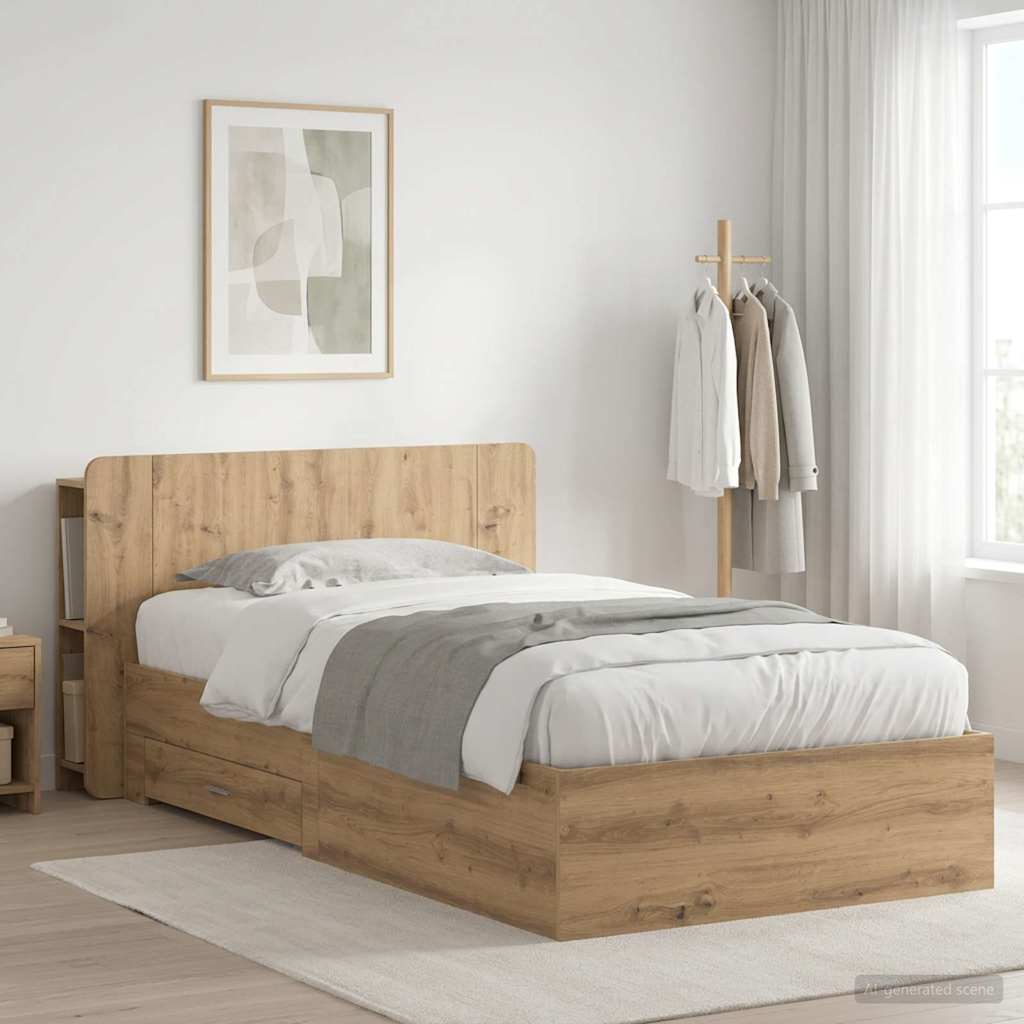 Bedframe met opslag Artisanaal eiken 100 x 200 cm Bewerkt hout