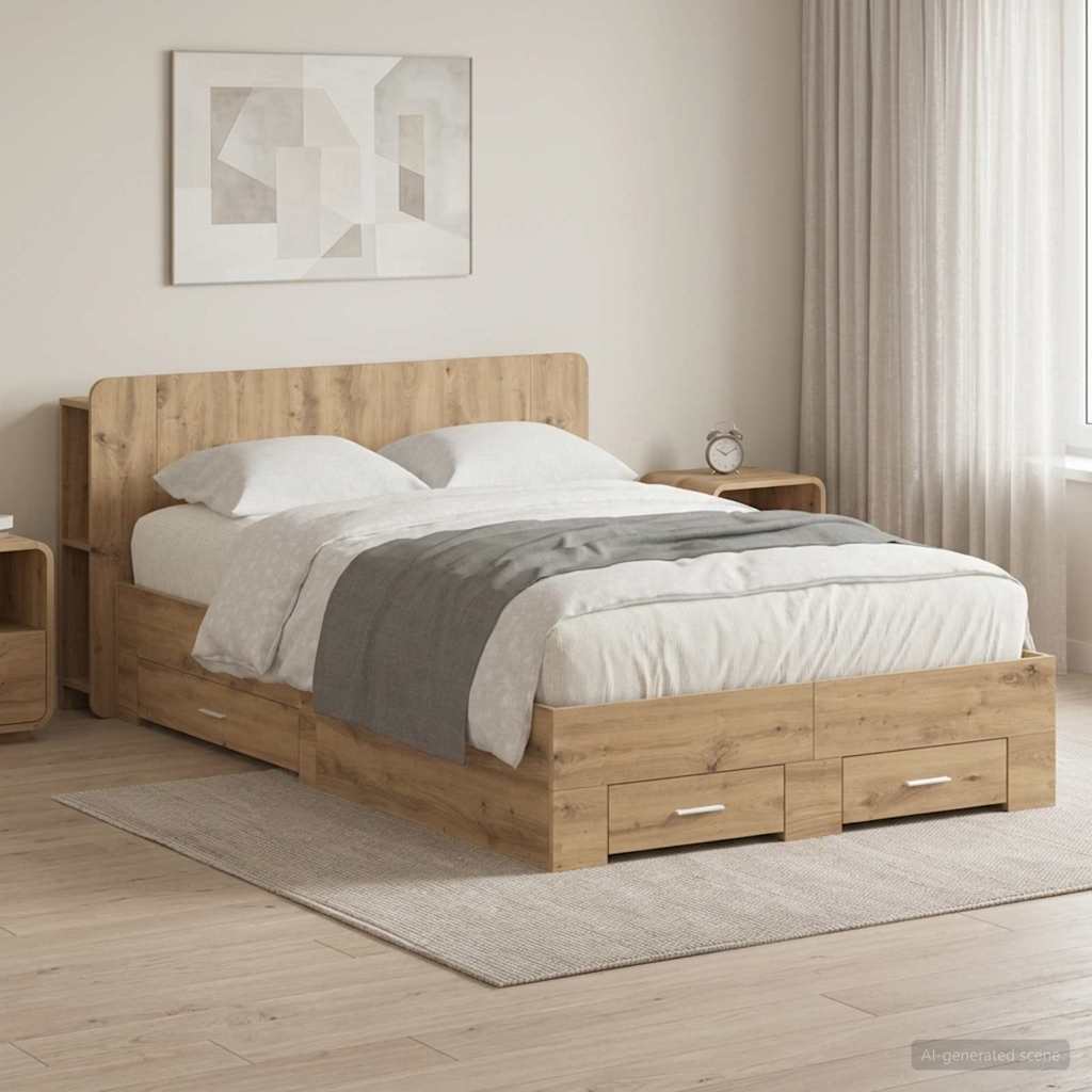 Bedframe met opslag Artisanaal eiken 120 x 190 cm Bewerkt hout