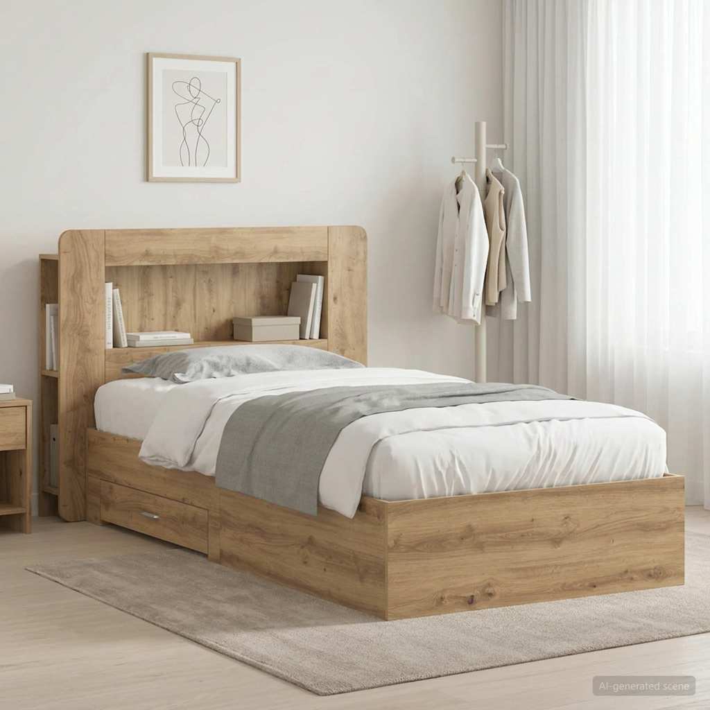 Bedframe met opslag Artisanaal eiken 90 x 190 cm Bewerkt hout
