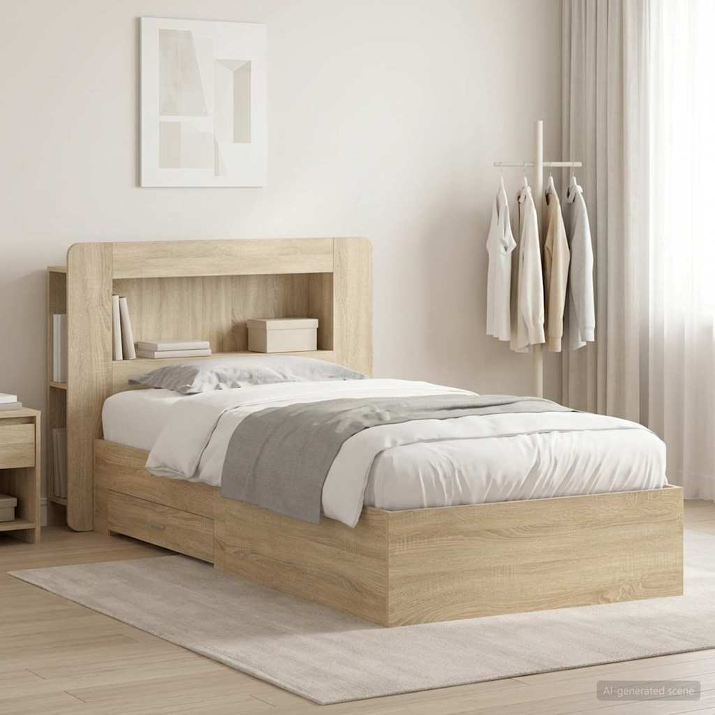 Bedframe met opslag Sonoma Eiken 90 x 190 cm Bewerkt hout – afbeelding 1
