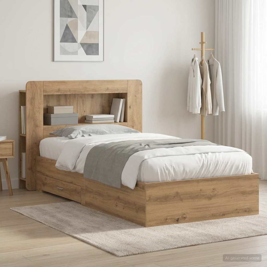 Bedframe met opslag Artisanaal eiken 100 x 200 cm Bewerkt hout