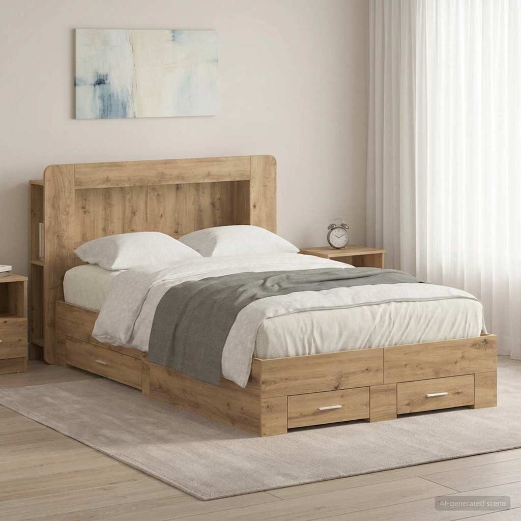 Bedframe met opslag Artisanaal eiken 120 x 190 cm Bewerkt hout