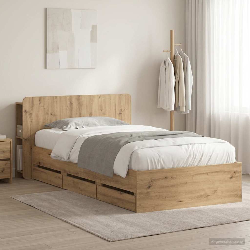 Bedframe met opslag Artisanaal eiken 80 x 200 cm Bewerkt hout – afbeelding 1
