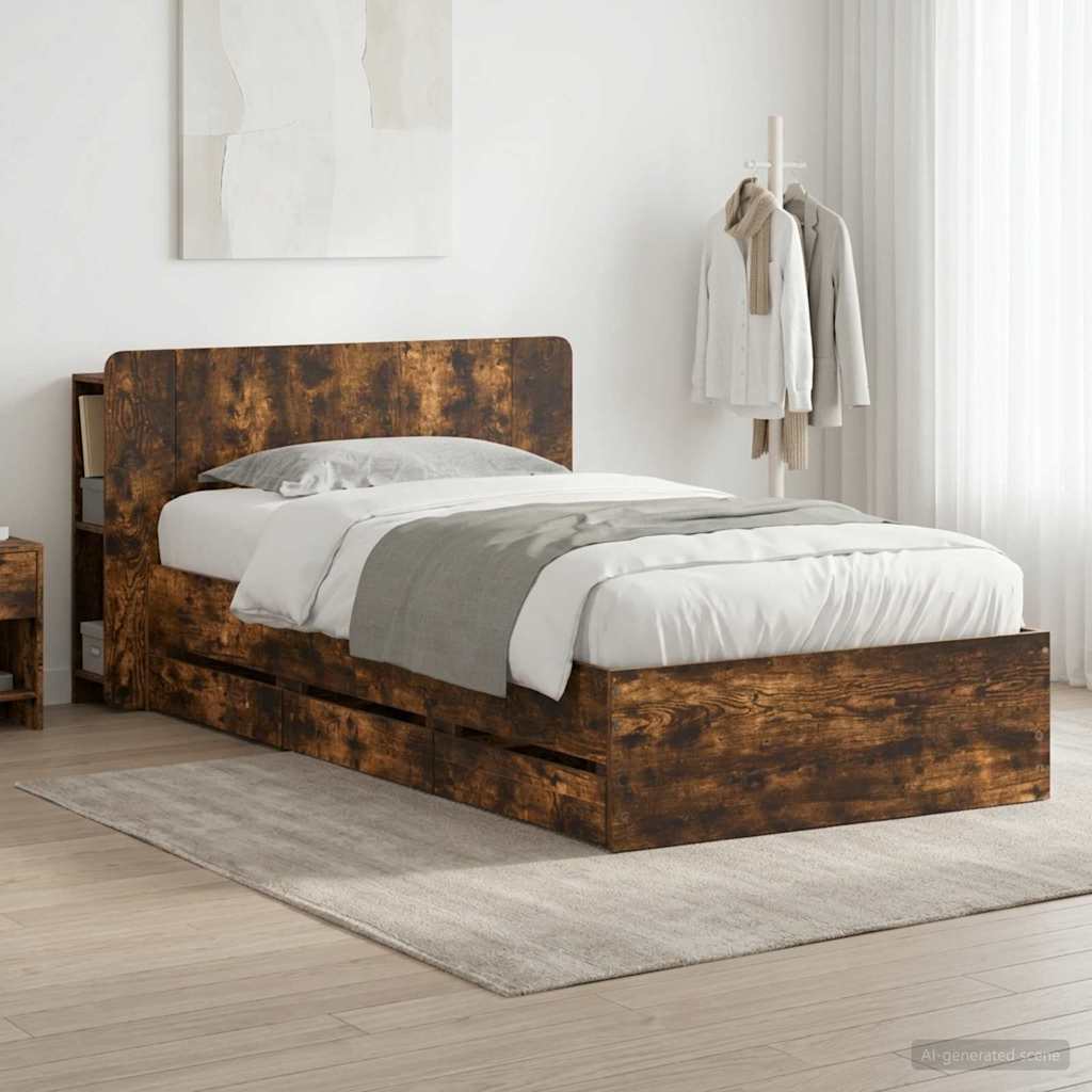 Bedframe met opslag Gerookt eiken 90 x 200 cm Bewerkt hout – afbeelding 1