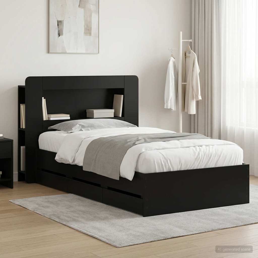 Bedframe met opslag Zwart 75 x 190 cm Bewerkt hout – afbeelding 1