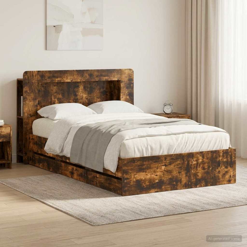 Bedframe met opslag Gerookt eiken 120 x 190 cm Bewerkt hout
