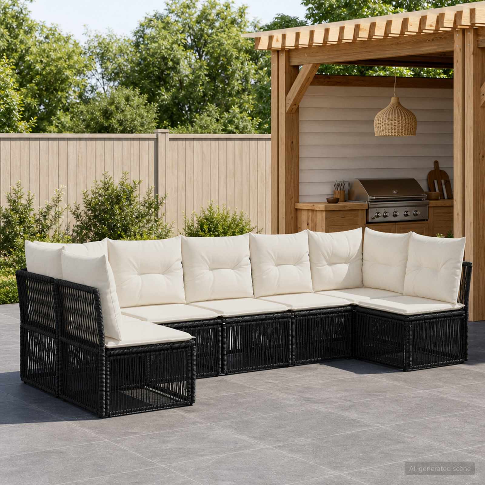 Tuinbankenset 7 pcs Zwart poly rattan – afbeelding 1