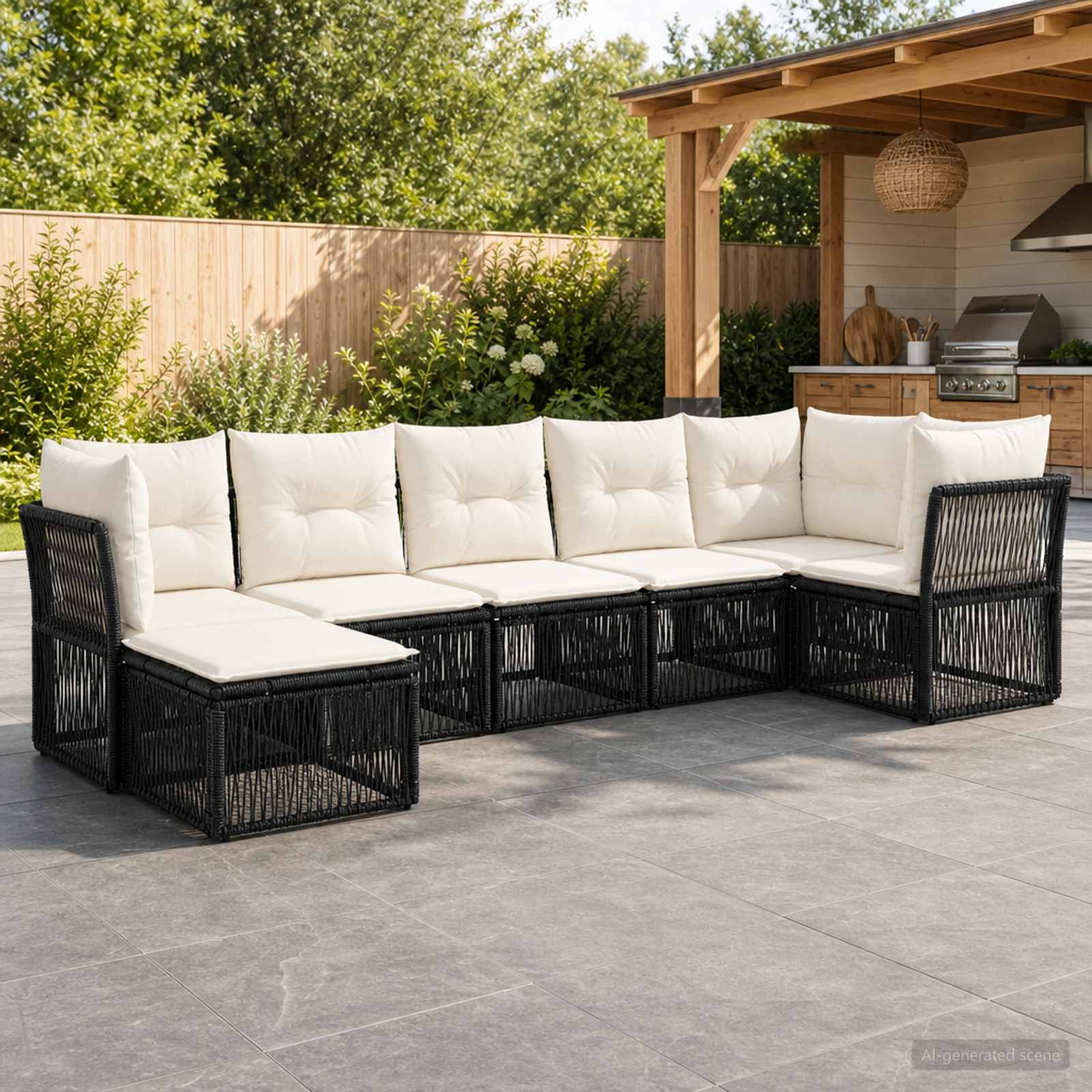 Tuinbankenset 7 pcs Zwart poly rattan – afbeelding 1