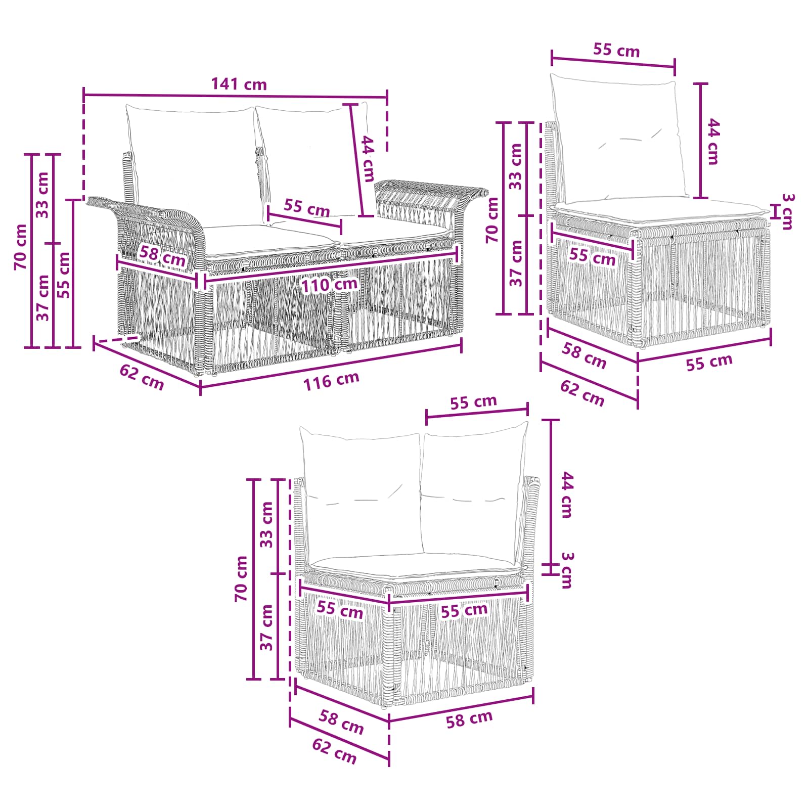 Tuinbankenset 7 pcs Grijs poly rattan – afbeelding 8