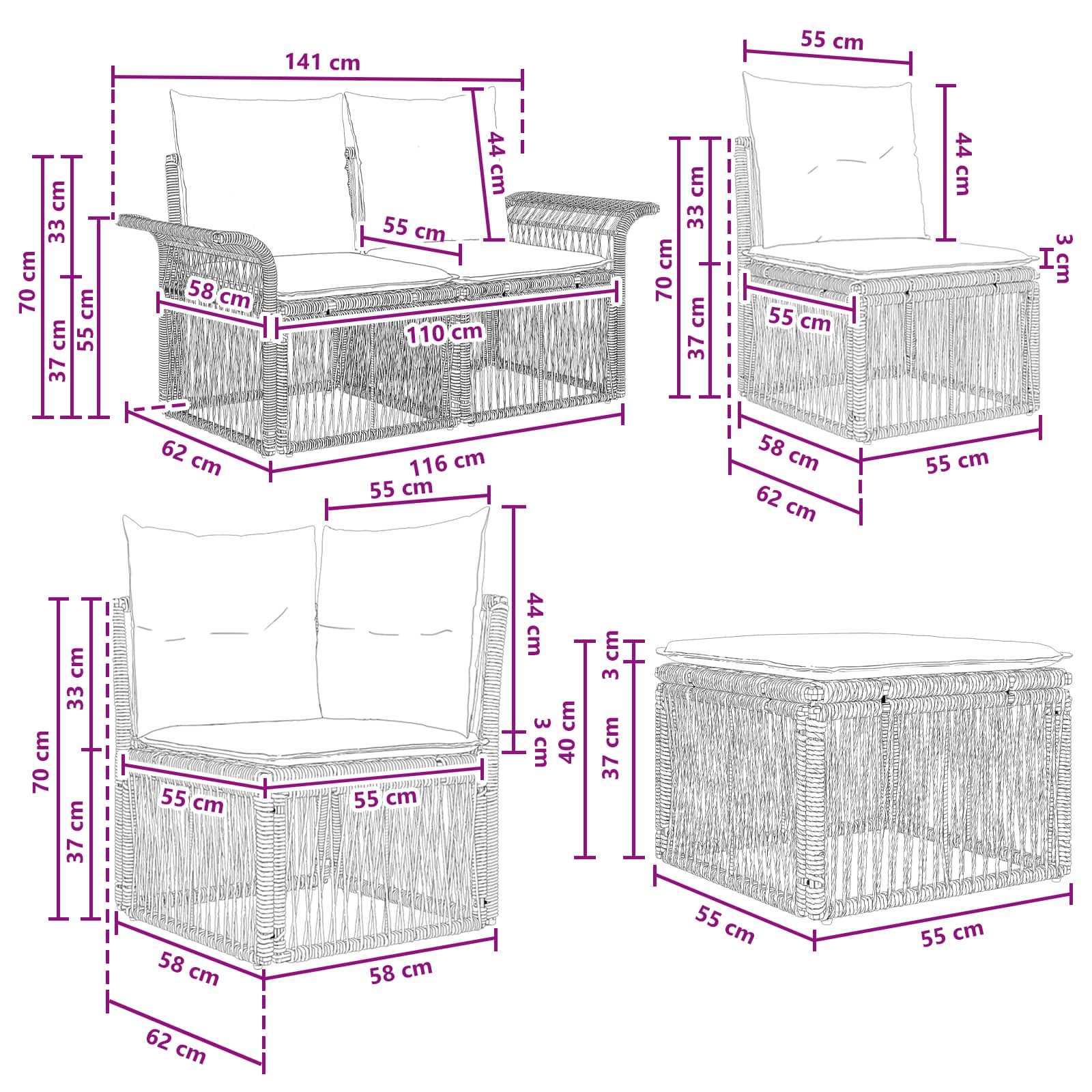 Tuinbankenset 7 pcs Grijs poly rattan – afbeelding 9