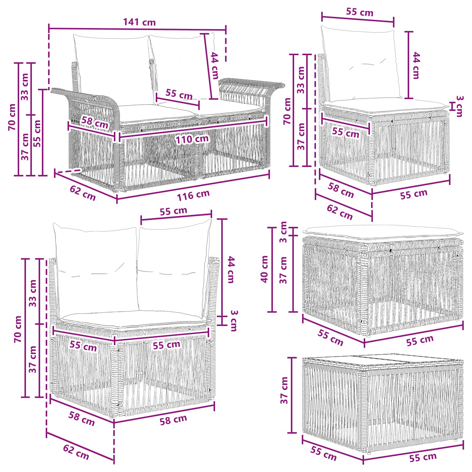 Tuinbankenset 8 pcs Grijs poly rattan – afbeelding 11