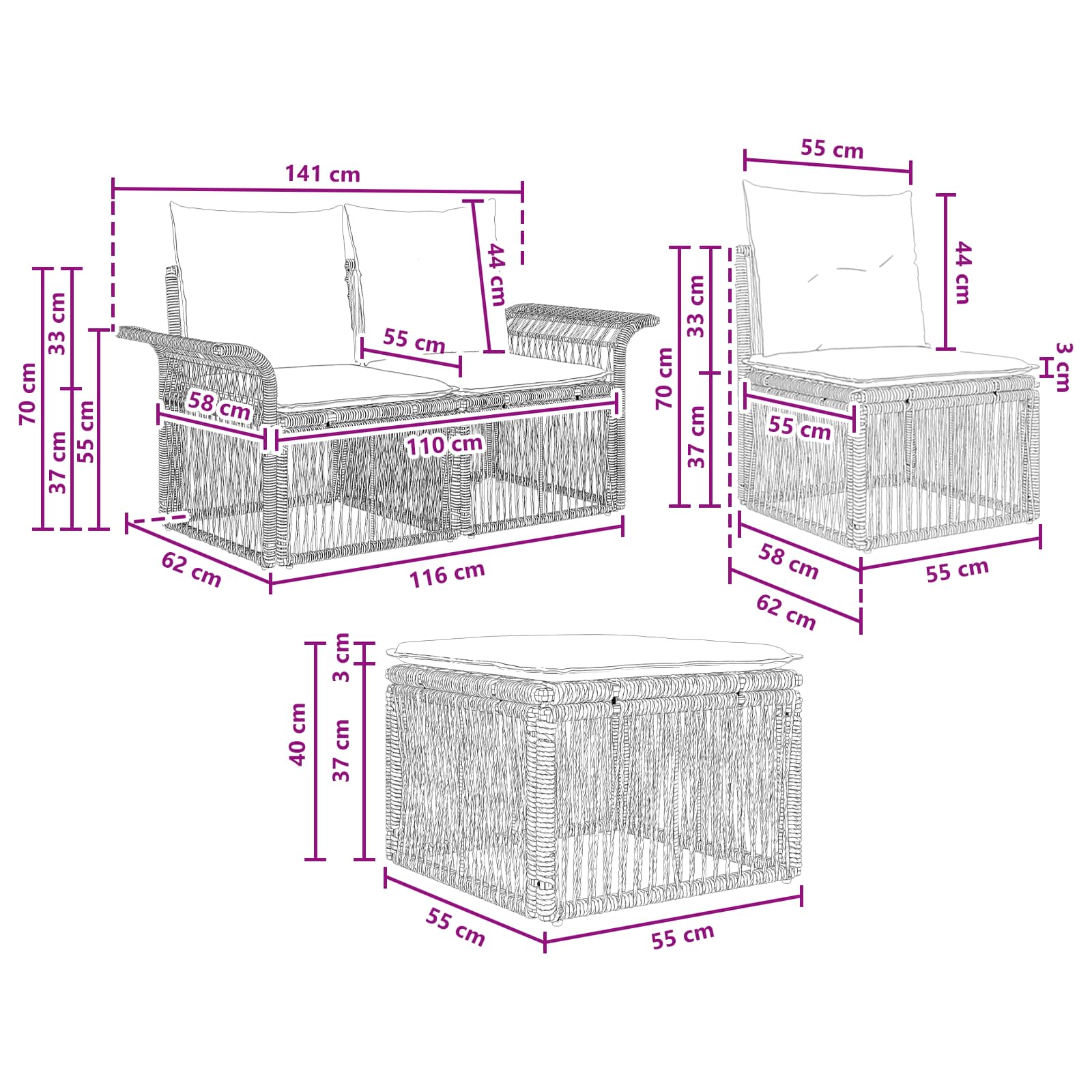 Tuinbankenset 9 pcs Grijs poly rattan – afbeelding 8