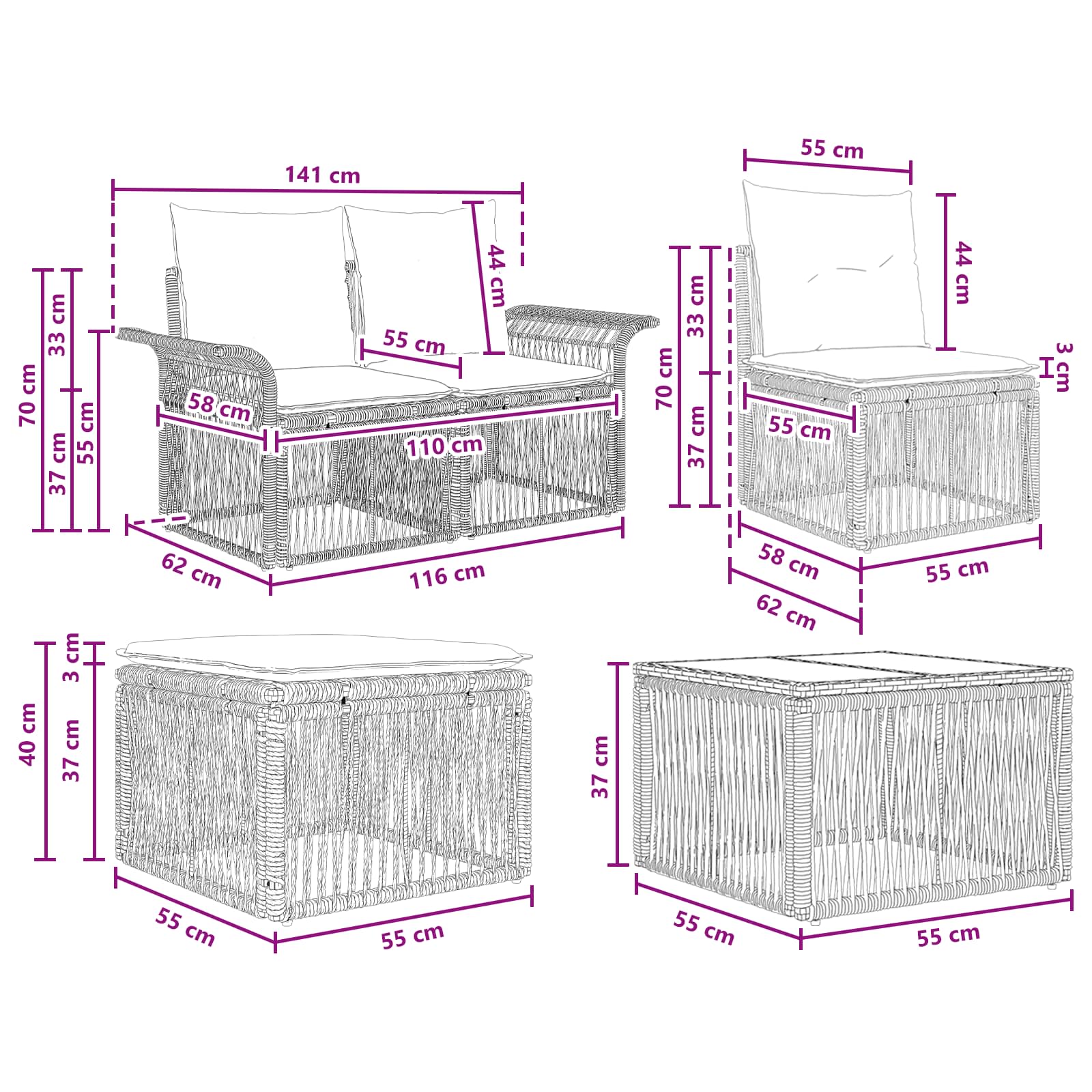 Tuinbankenset 10 pcs Grijs poly rattan – afbeelding 10