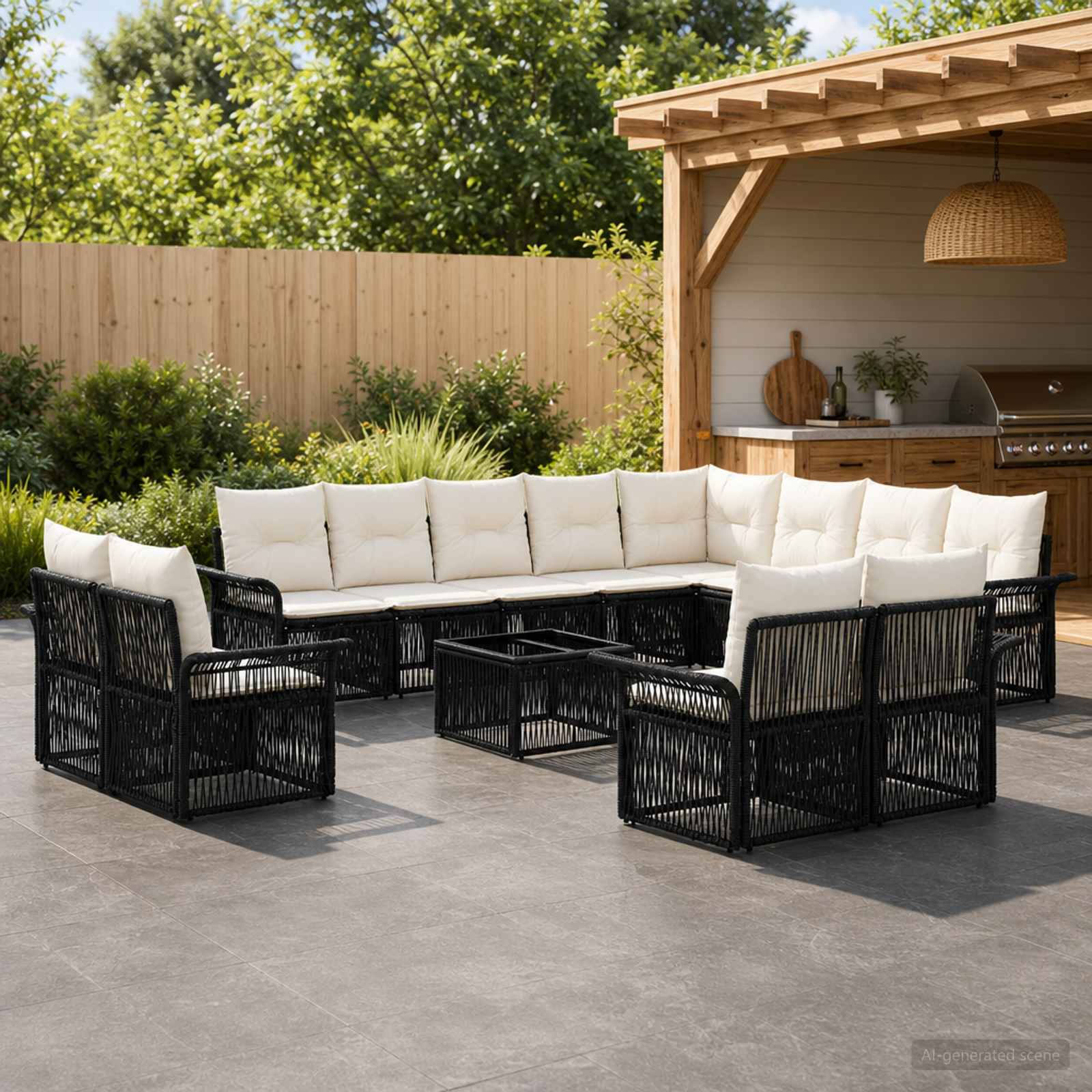 Tuinbankenset 13 pcs Zwart en Cream Wit poly rattan – afbeelding 1
