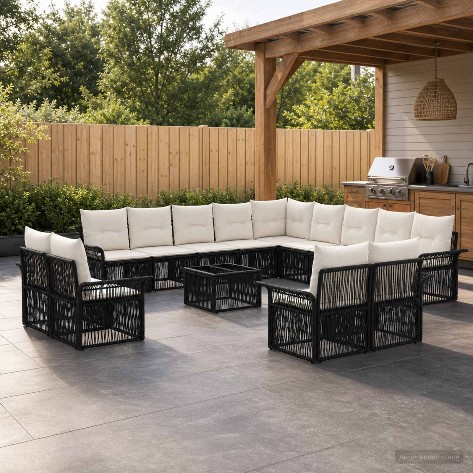 Tuinbankenset 14 pcs Zwart en Cream Wit poly rattan – afbeelding 1