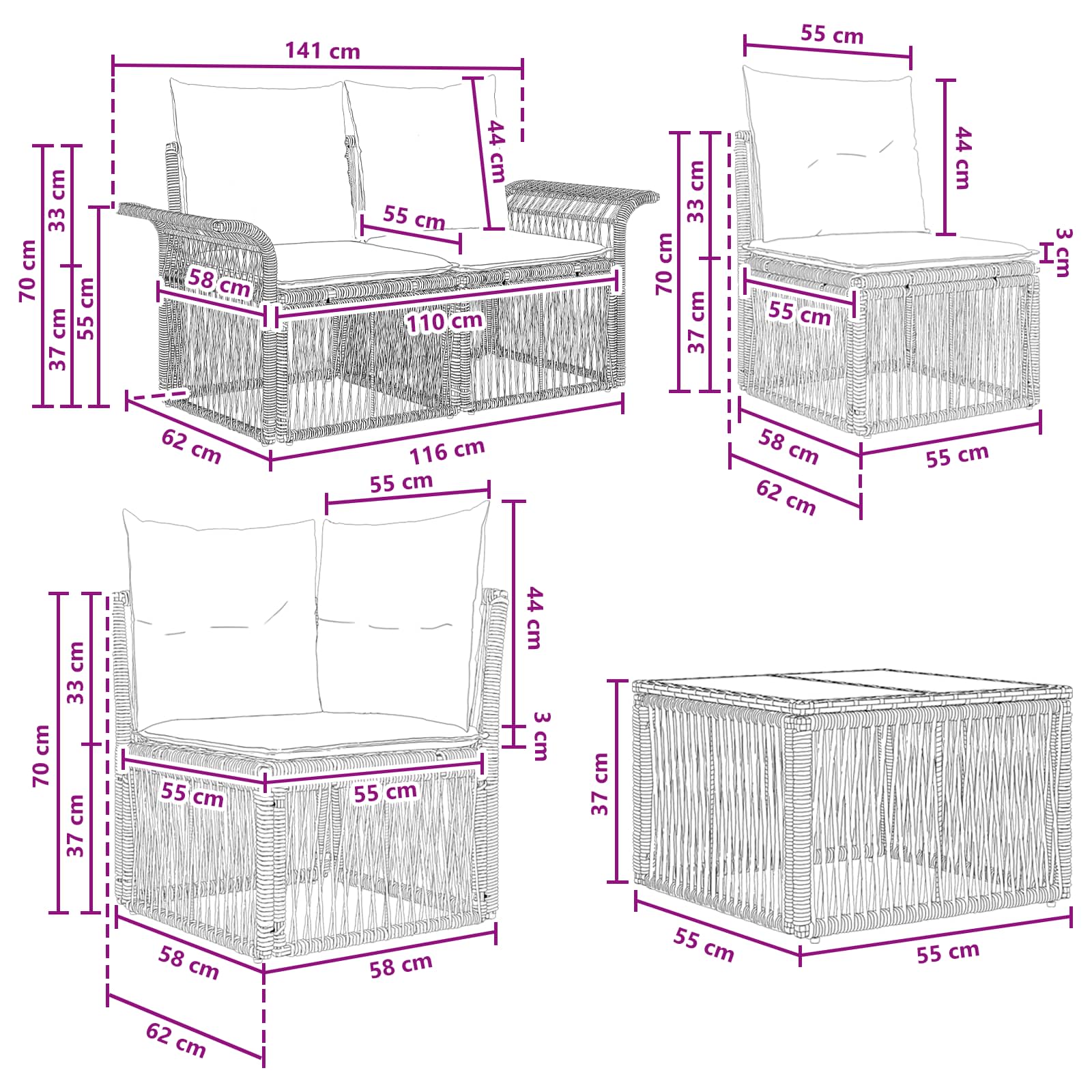 Tuinbankenset 14 pcs Beige en Crème Wit poly rattan – afbeelding 11