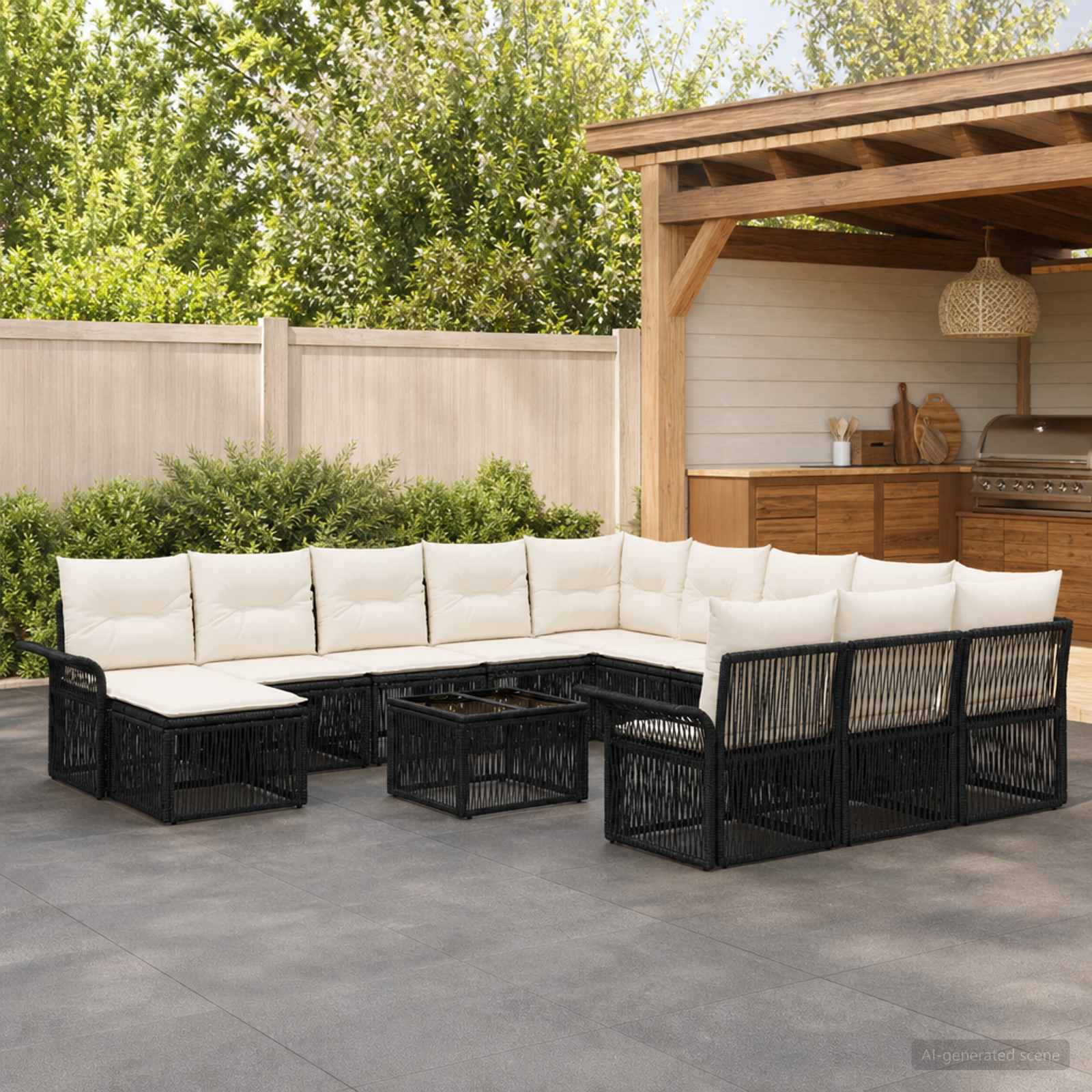 Tuinbankenset 13 pcs Zwart en Cream Wit poly rattan – afbeelding 1