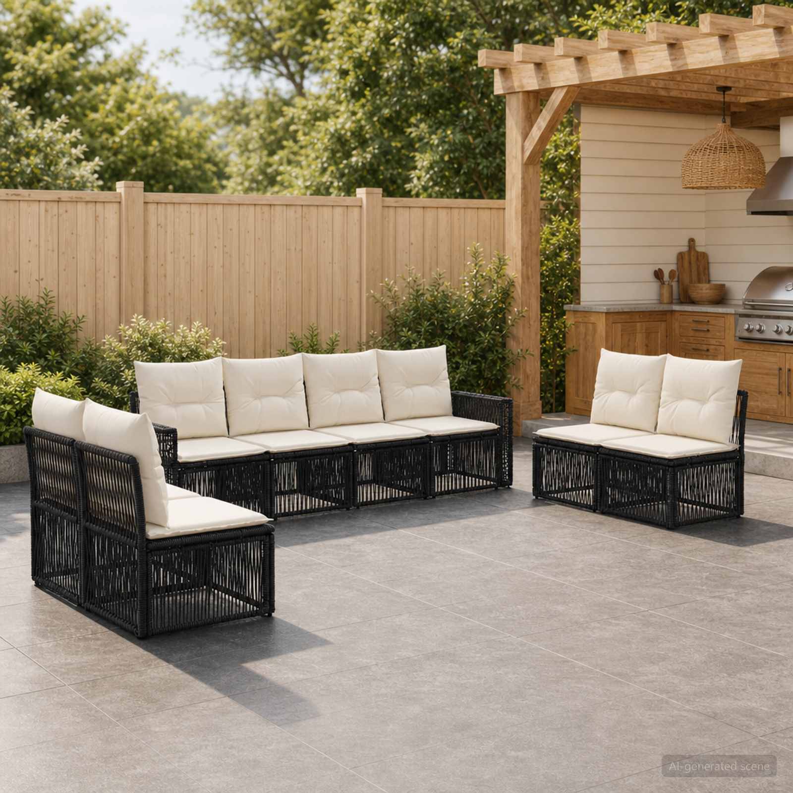 Tuinbankenset 8 pcs Zwart en Cream Wit poly rattan – afbeelding 1