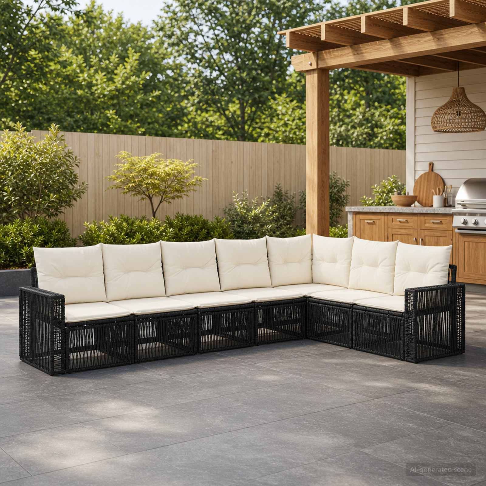 Tuinbankenset 7 pcs Zwart en Cream Wit poly rattan – afbeelding 1