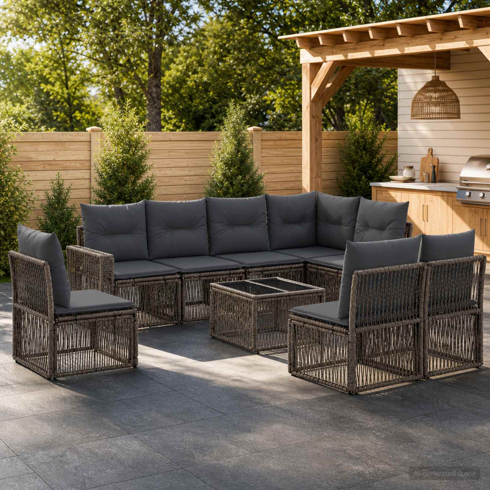 Tuinbankenset 9 pcs Grijs en Donkergrijs poly rattan – afbeelding 1