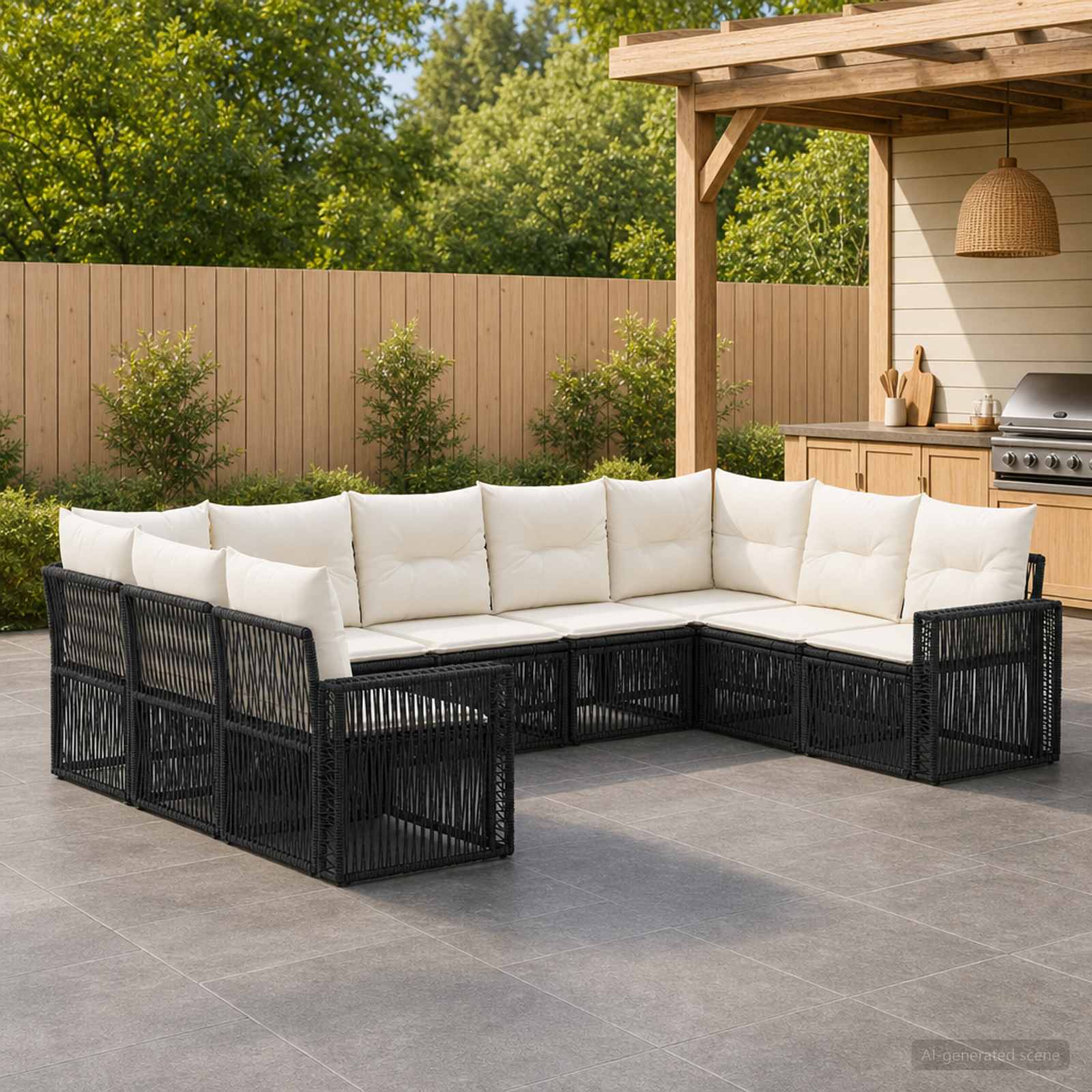 Tuinbankenset 9 pcs Zwart en Cream Wit poly rattan – afbeelding 1