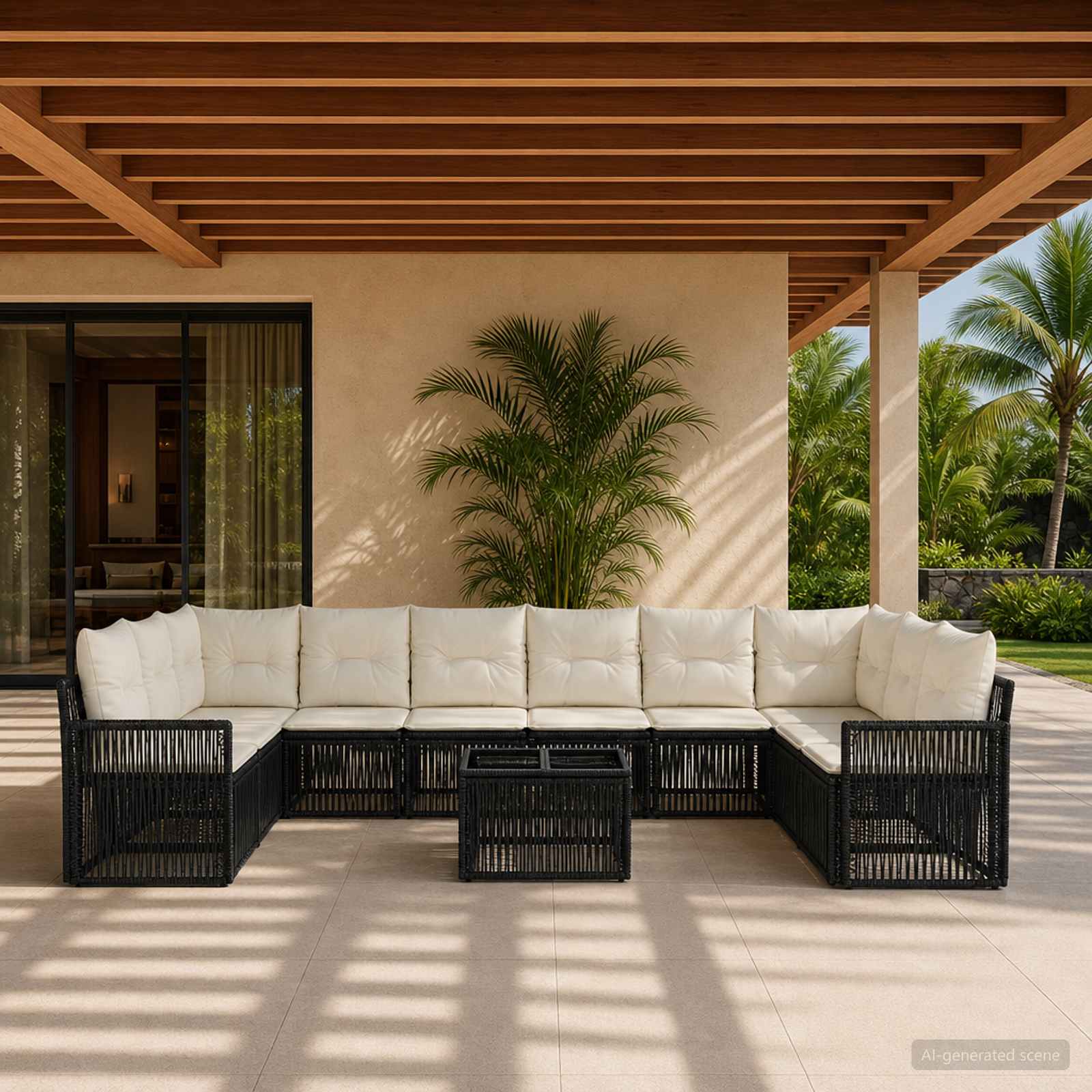 Tuinbankenset 11 pcs Zwart en Cream Wit poly rattan – afbeelding 1