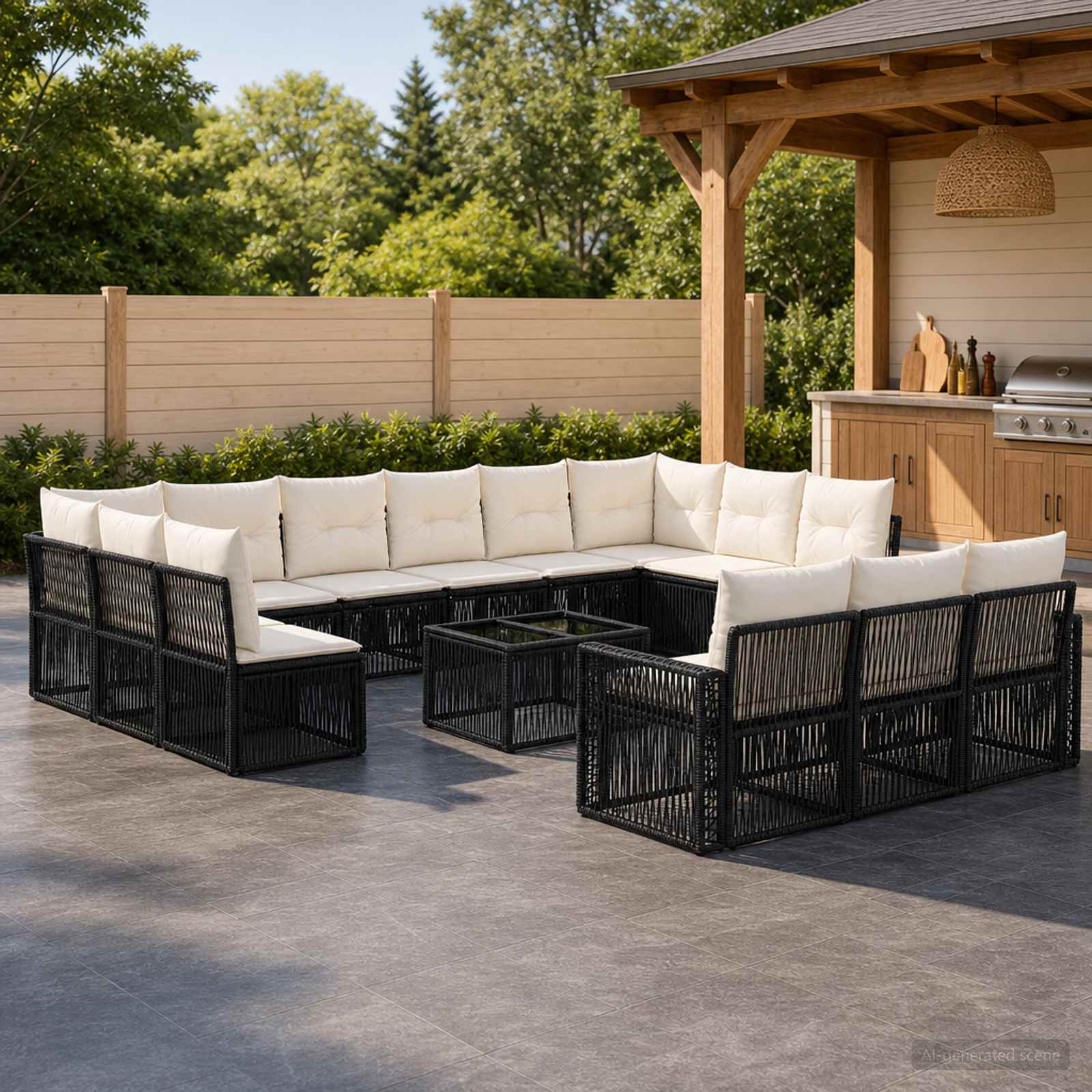 Tuinbankenset 14 pcs Zwart en Cream Wit poly rattan – afbeelding 1