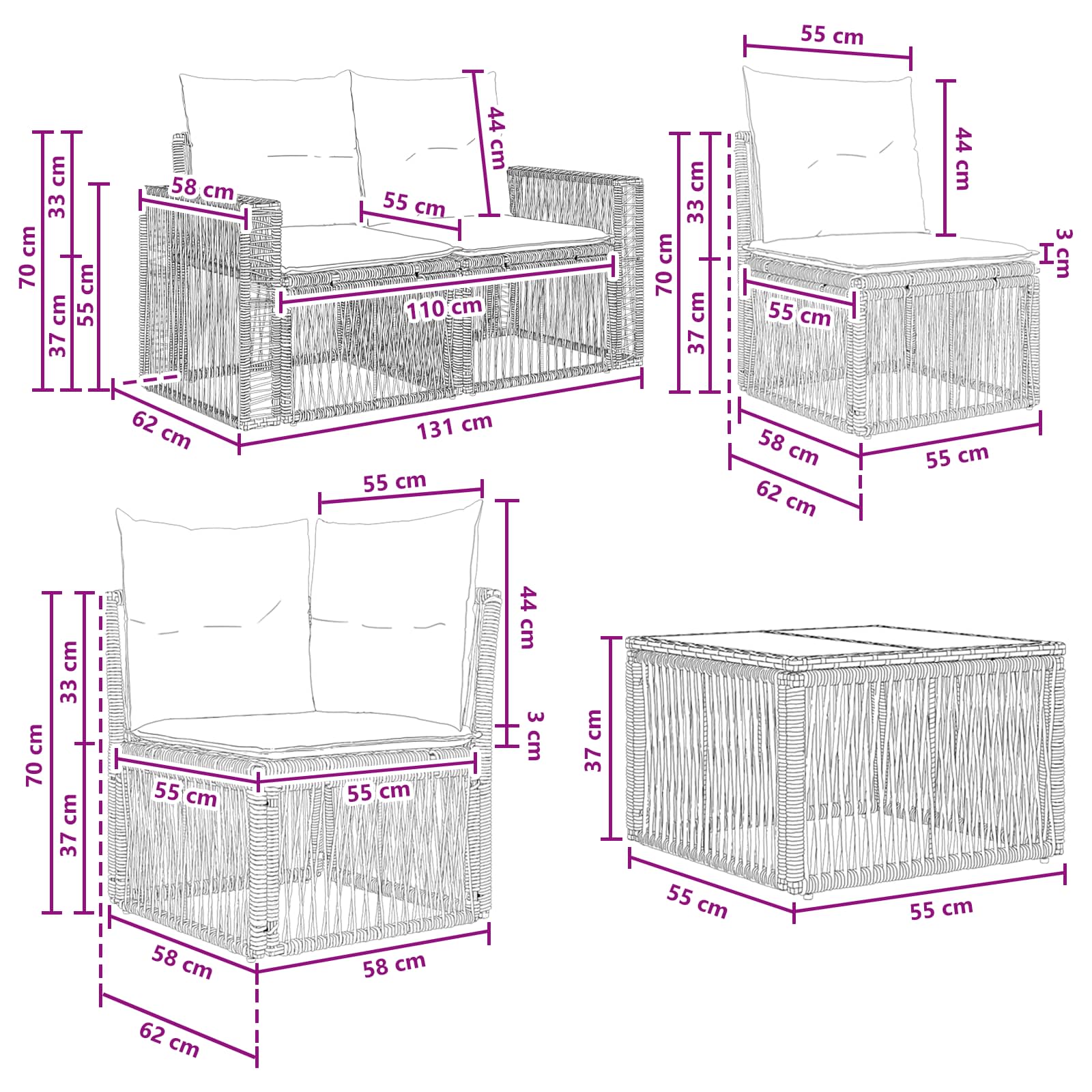 Tuinbankenset 14 pcs Zwart en Cream Wit poly rattan – afbeelding 11