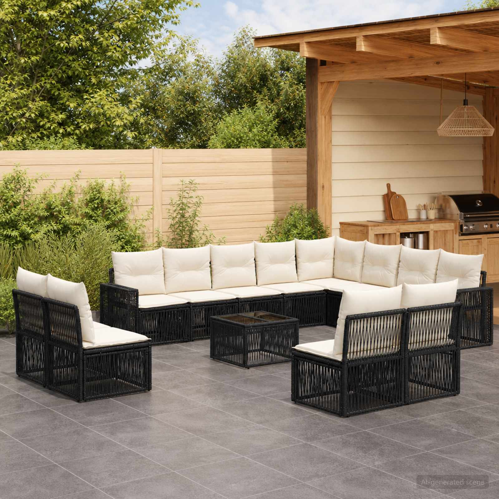Tuinbankenset 13 pcs Zwart en Cream Wit poly rattan – afbeelding 1