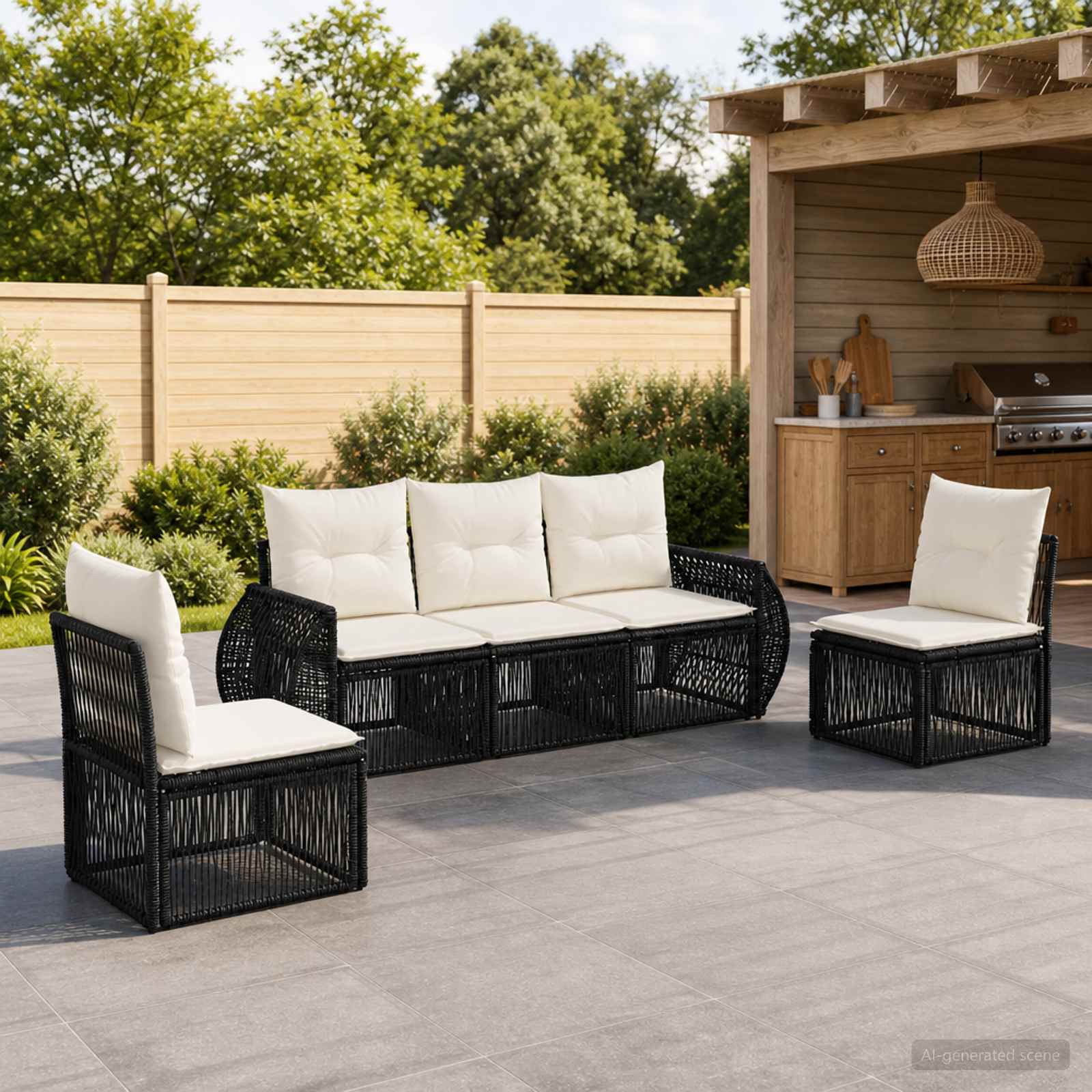 Tuinbankenset 5 pcs Zwart en Cream Wit poly rattan – afbeelding 1