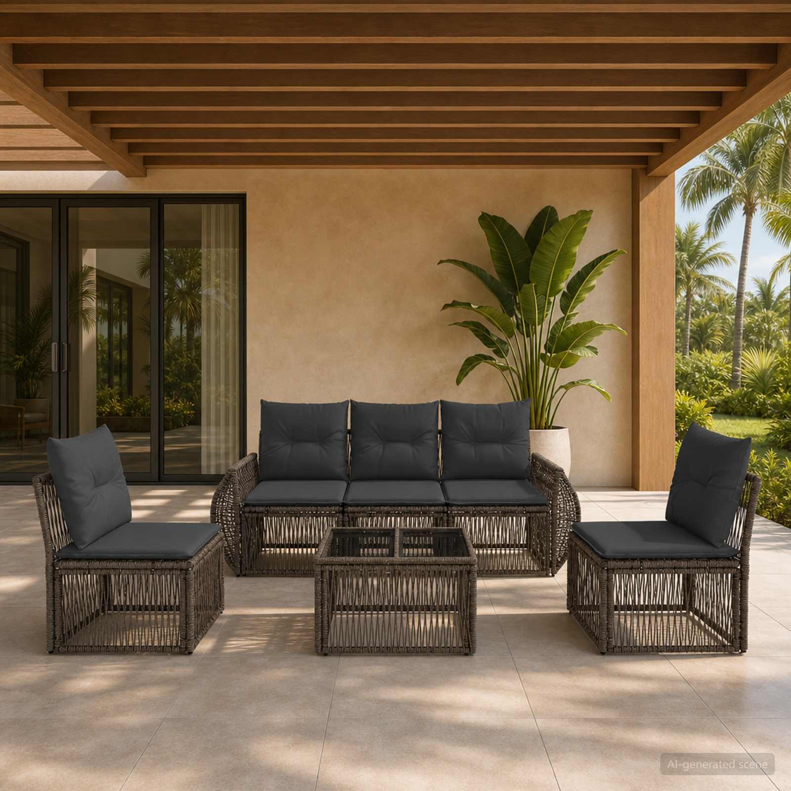 Tuinbankenset 6 pcs Grijs en Donkergrijs poly rattan – afbeelding 1