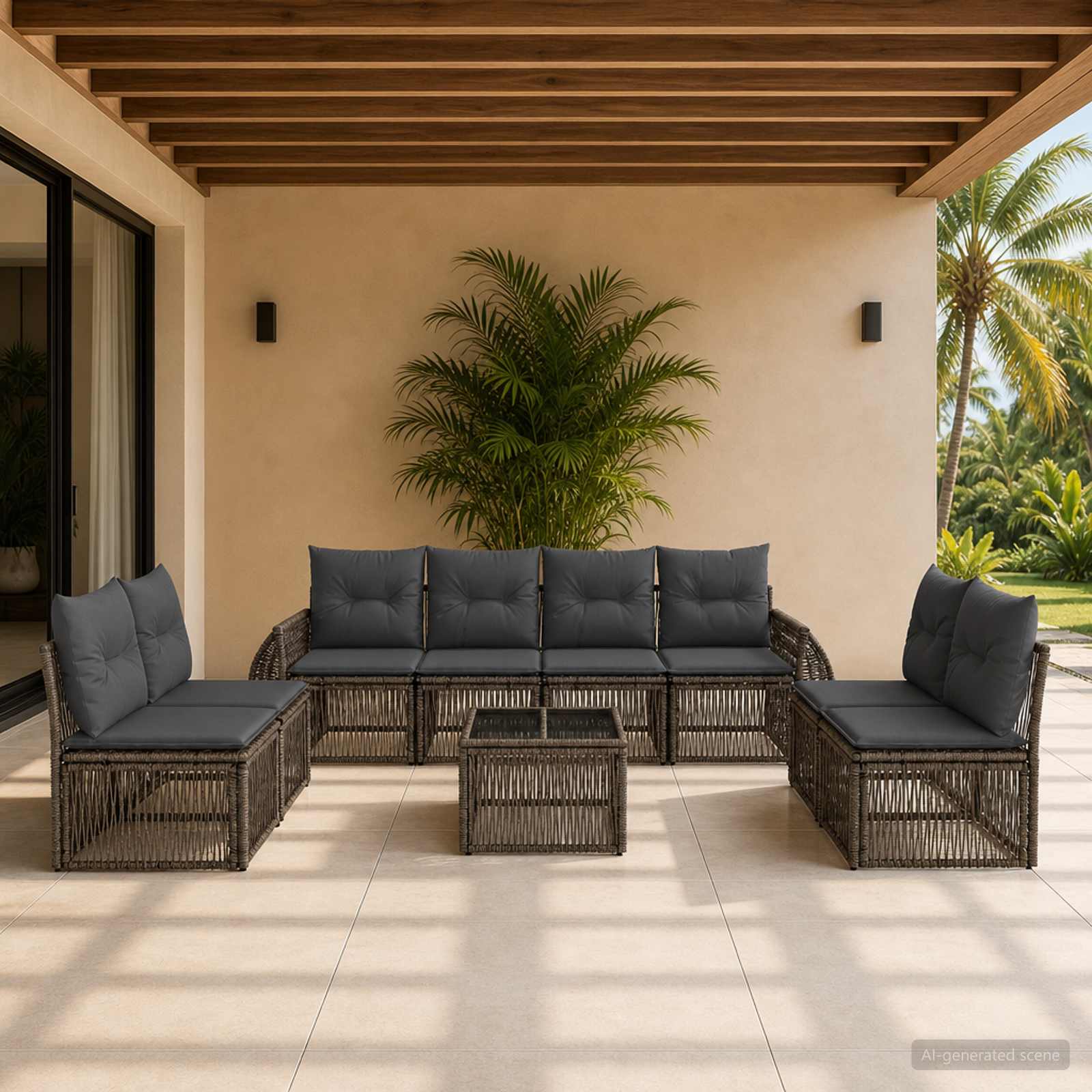 Tuinbankenset 9 pcs Grijs en Donkergrijs poly rattan – afbeelding 1