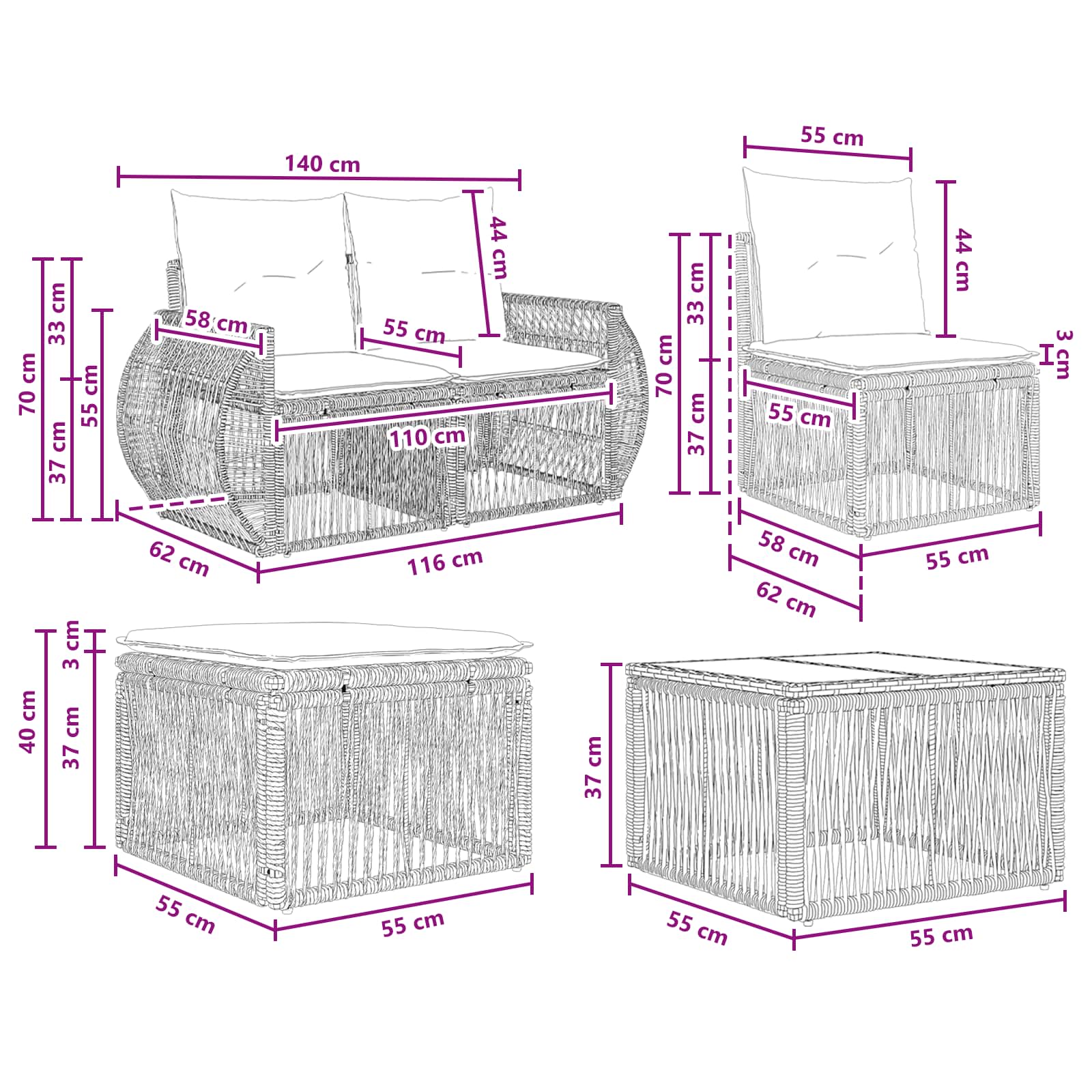 Tuinbankenset 5 pcs Grijs en Donkergrijs poly rattan – afbeelding 10