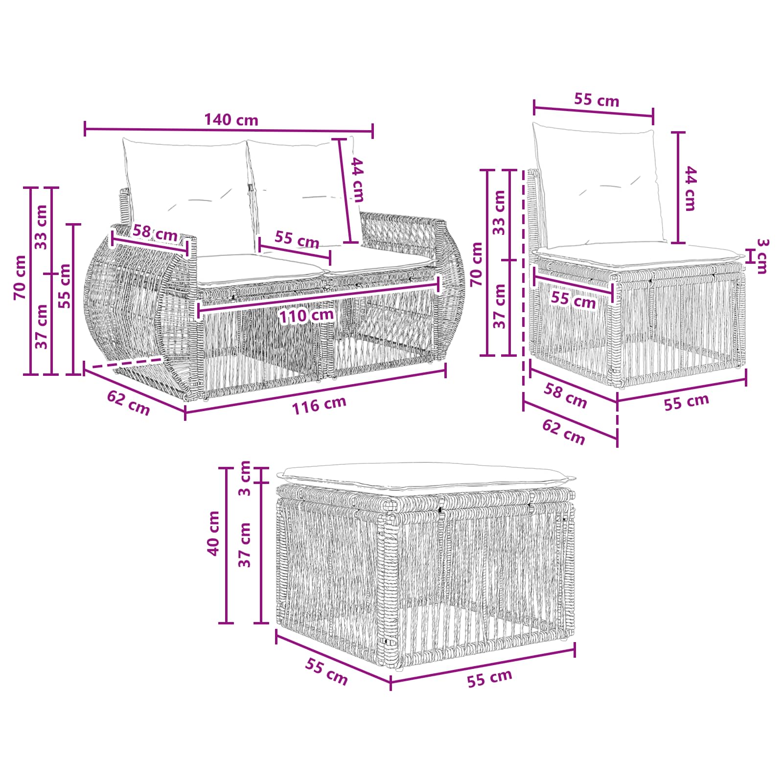 Tuinbankenset 5 pcs Grijs en Donkergrijs poly rattan – afbeelding 8