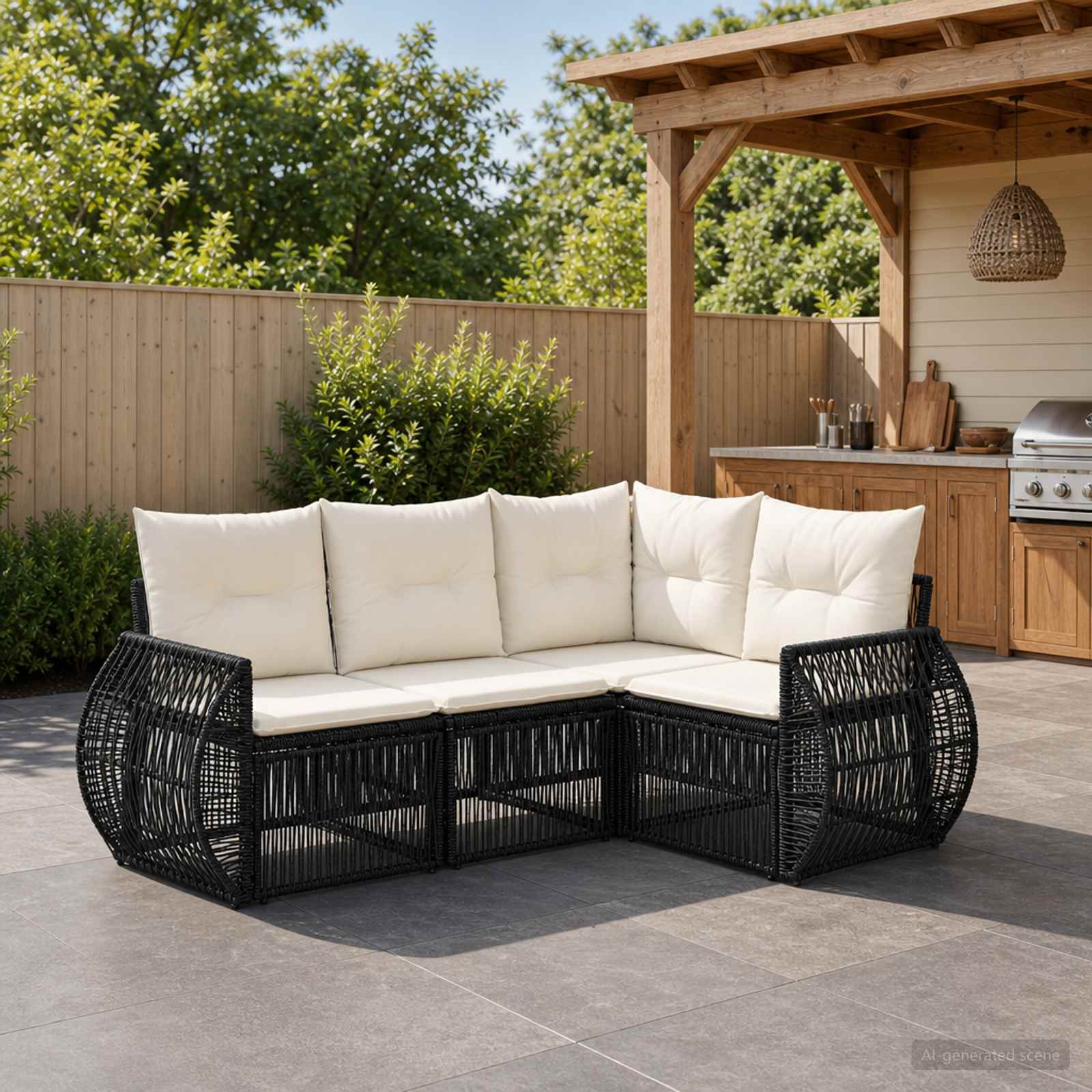 Tuinbankenset 4 pcs Zwart en Cream Wit poly rattan – afbeelding 1