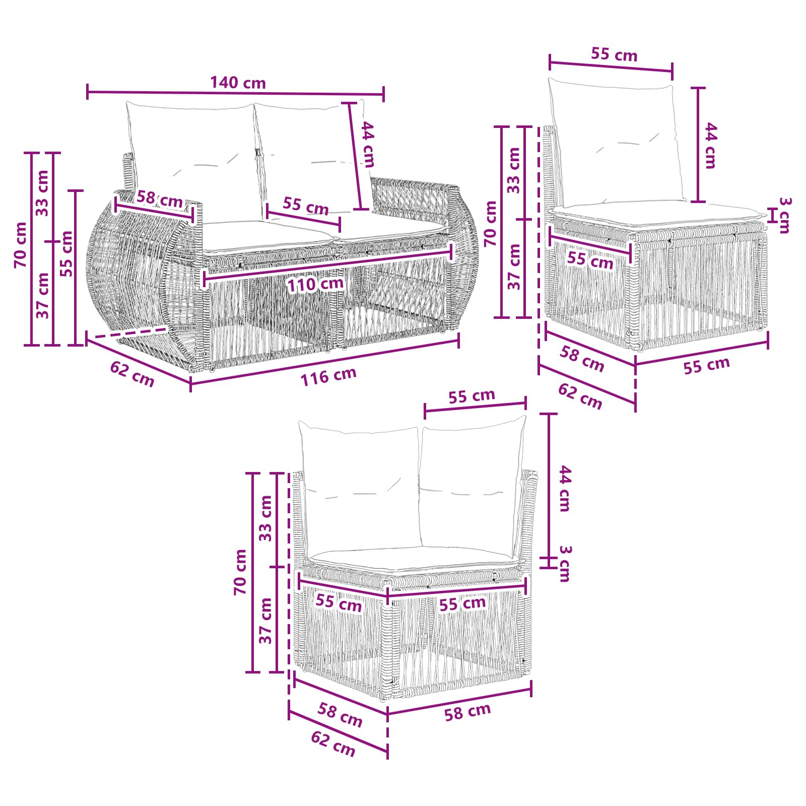 Tuinbankenset 4 pcs Grijs en Donkergrijs poly rattan – afbeelding 8