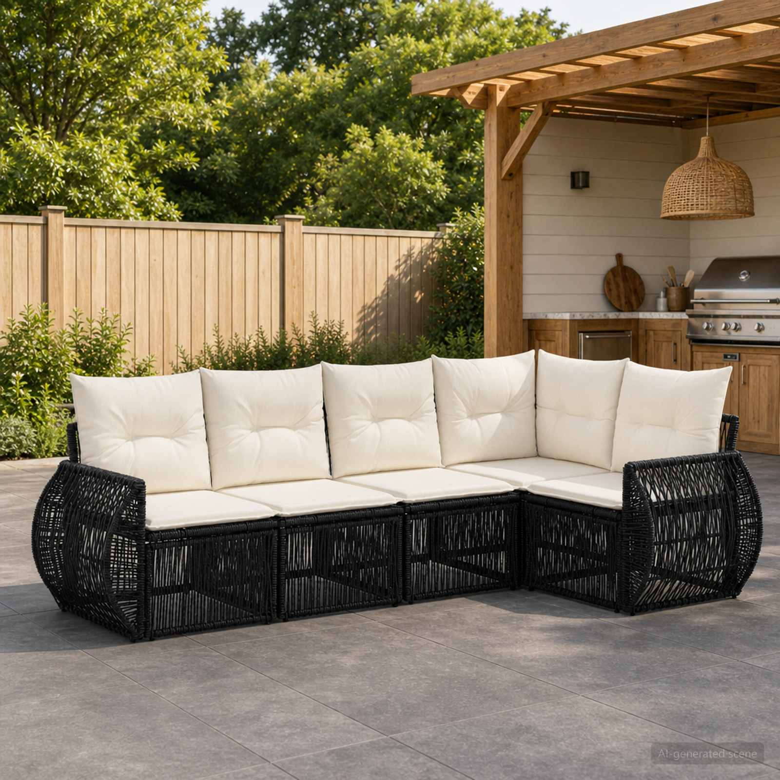 Tuinbankenset 5 pcs Zwart en Cream Wit poly rattan – afbeelding 1