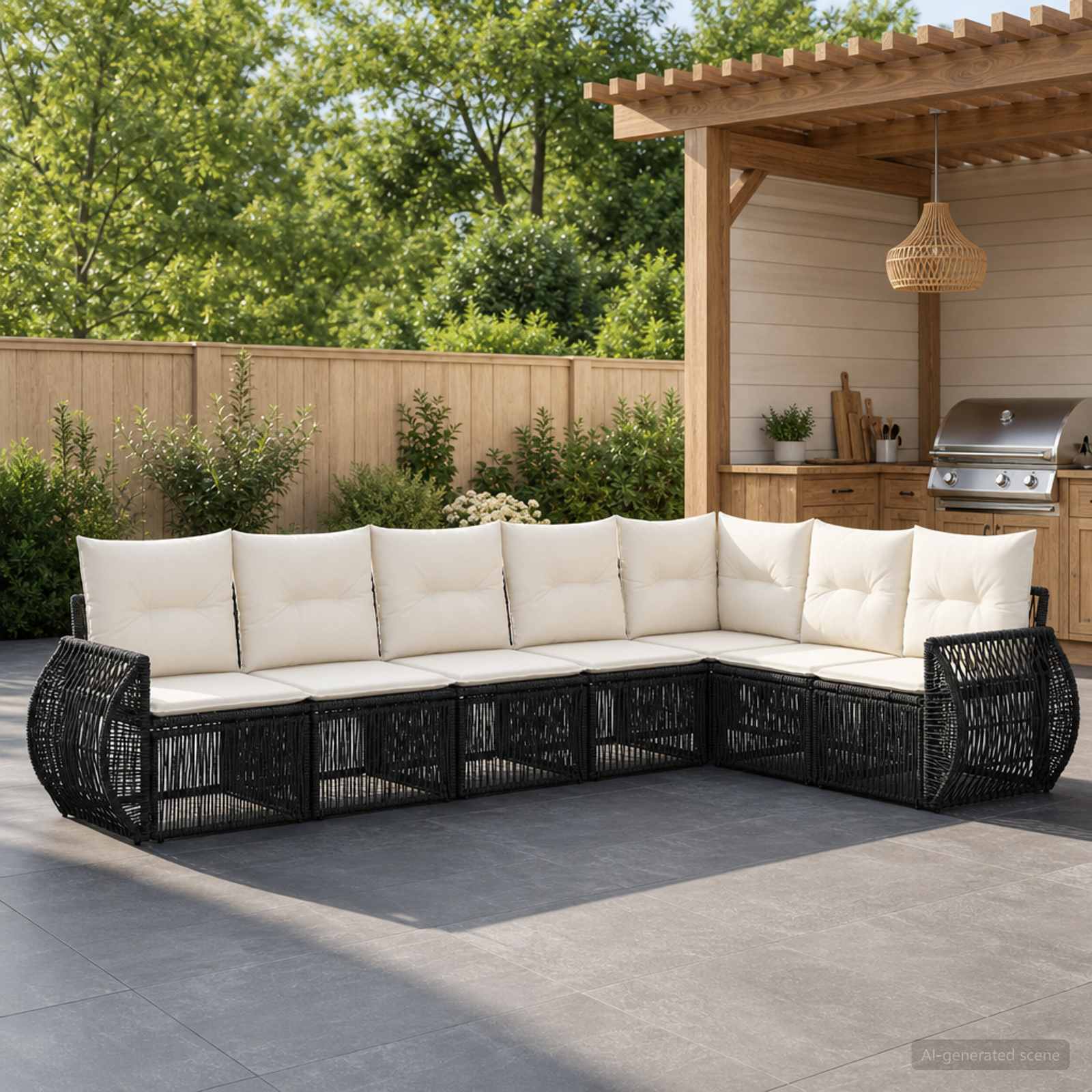 Tuinbankenset 7 pcs Zwart en Cream Wit poly rattan – afbeelding 1
