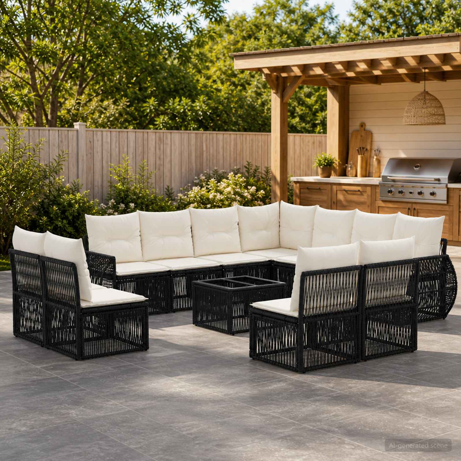 Tuinbankenset 12 pcs Zwart en Cream Wit poly rattan – afbeelding 1