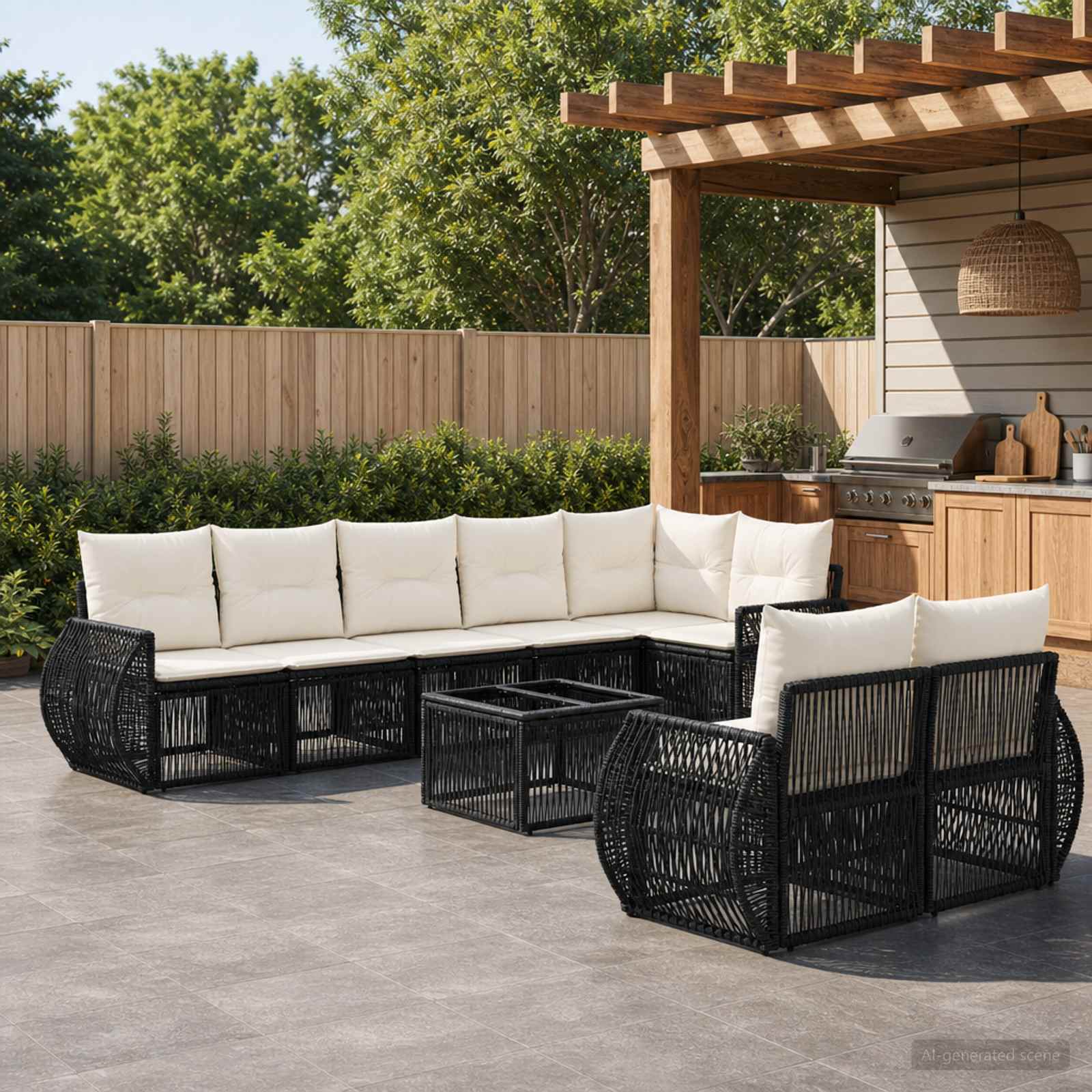 Tuinbankenset 9 pcs Zwart en Cream Wit poly rattan – afbeelding 1