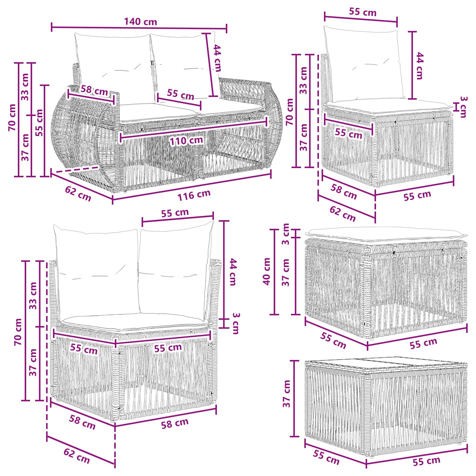 Tuinbankenset 7 pcs Grijs en Donkergrijs poly rattan – afbeelding 11