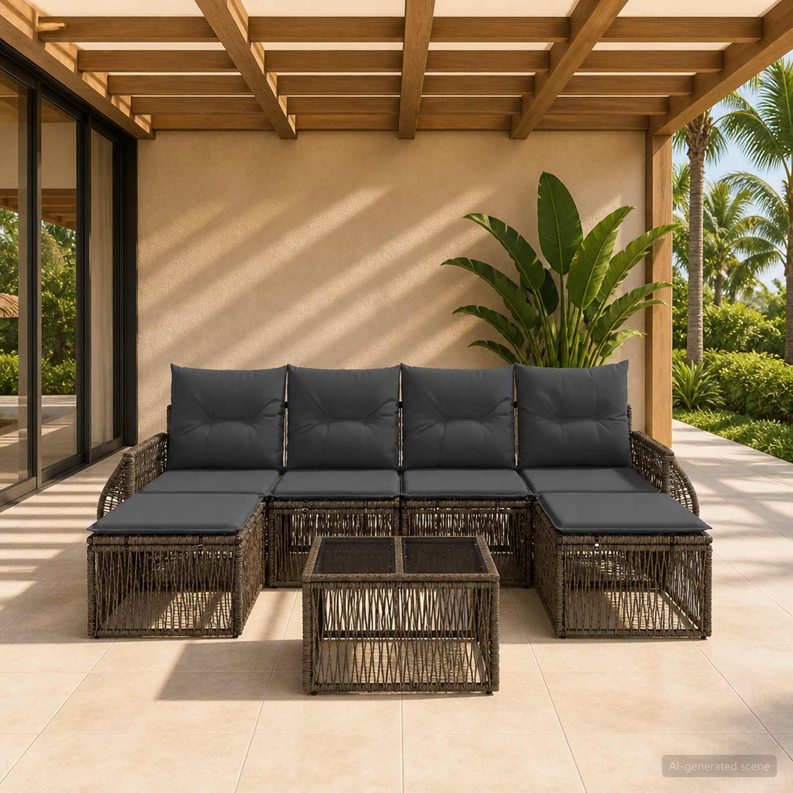Tuinbankenset 7 pcs Grijs en Donkergrijs poly rattan – afbeelding 1