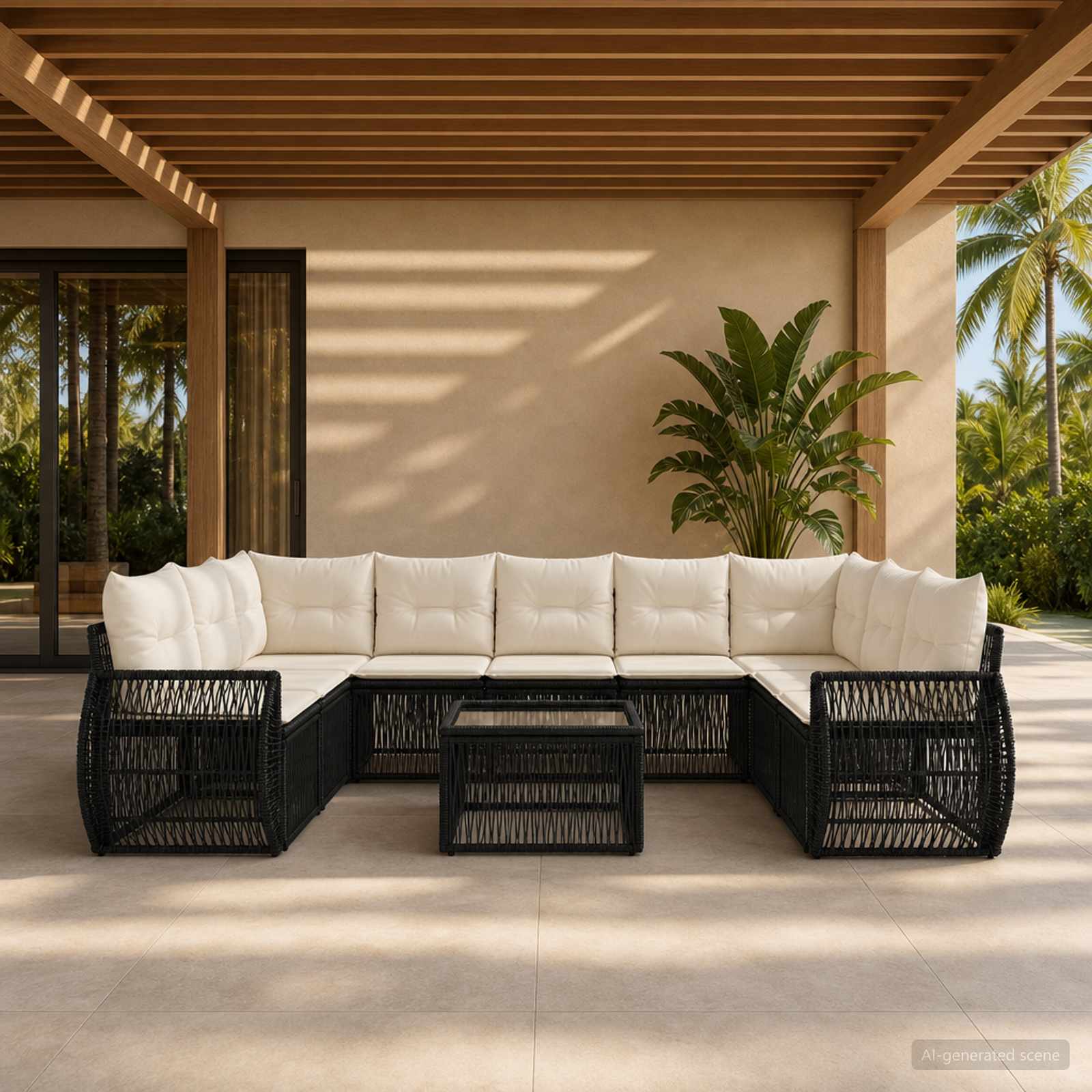 Tuinbankenset 10 pcs Zwart en Cream Wit poly rattan – afbeelding 1
