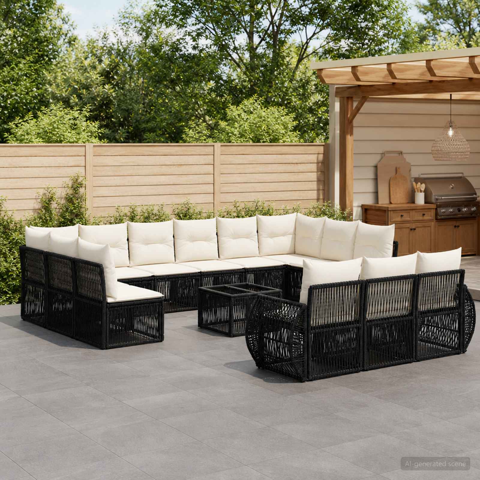 Tuinbankenset 14 pcs Zwart en Cream Wit poly rattan – afbeelding 1